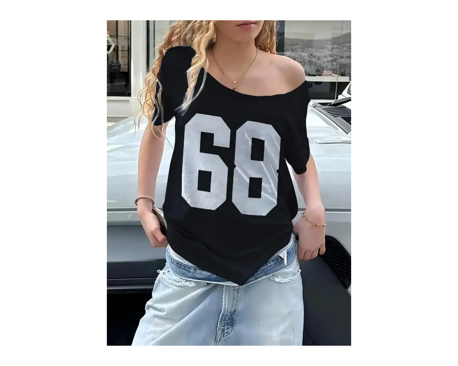 Kadın Düşük Omuz Kayık Yaka 68 Baskılı