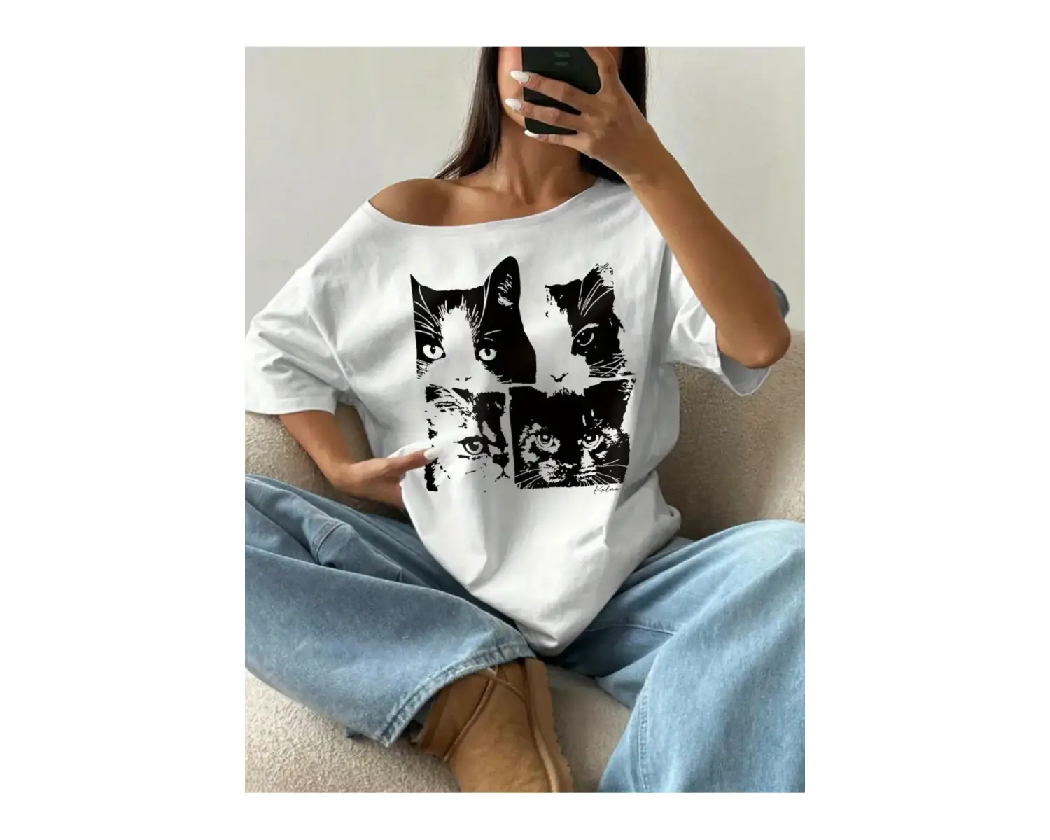 Kadın Düşük Omuz Kayık Yaka Baskılı