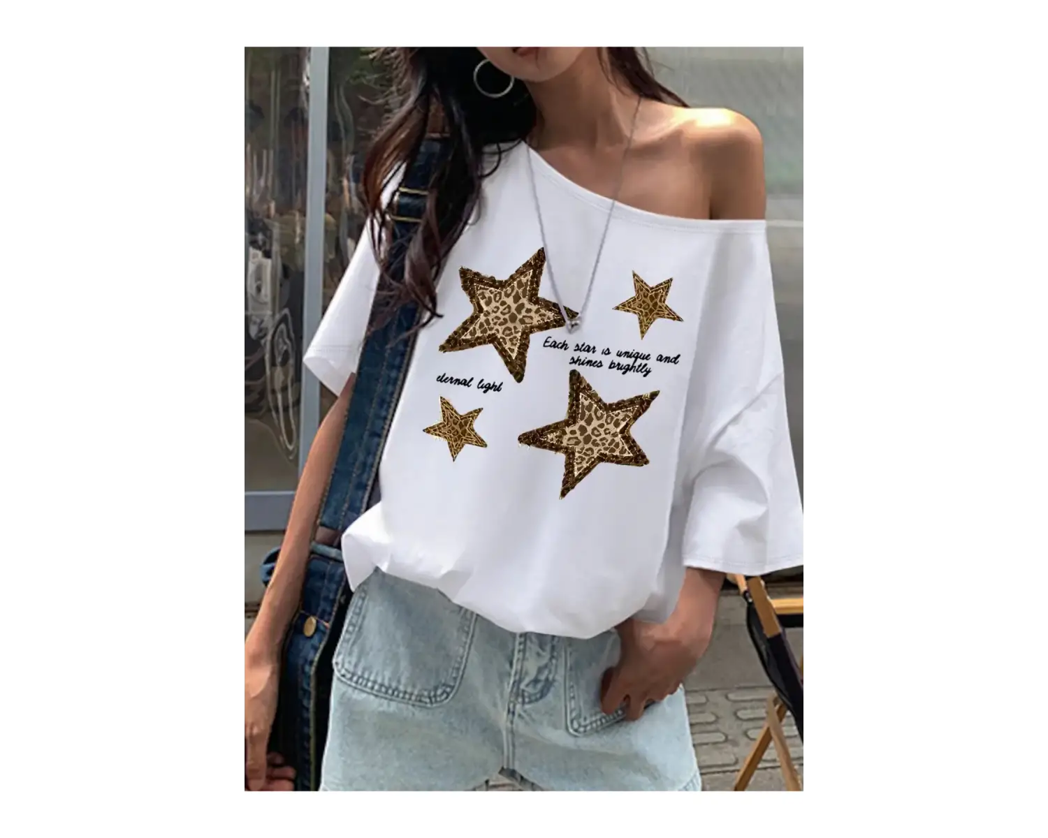 Kadın Düşük Omuz Leopar Yıldız Baskılı Kayık Yaka