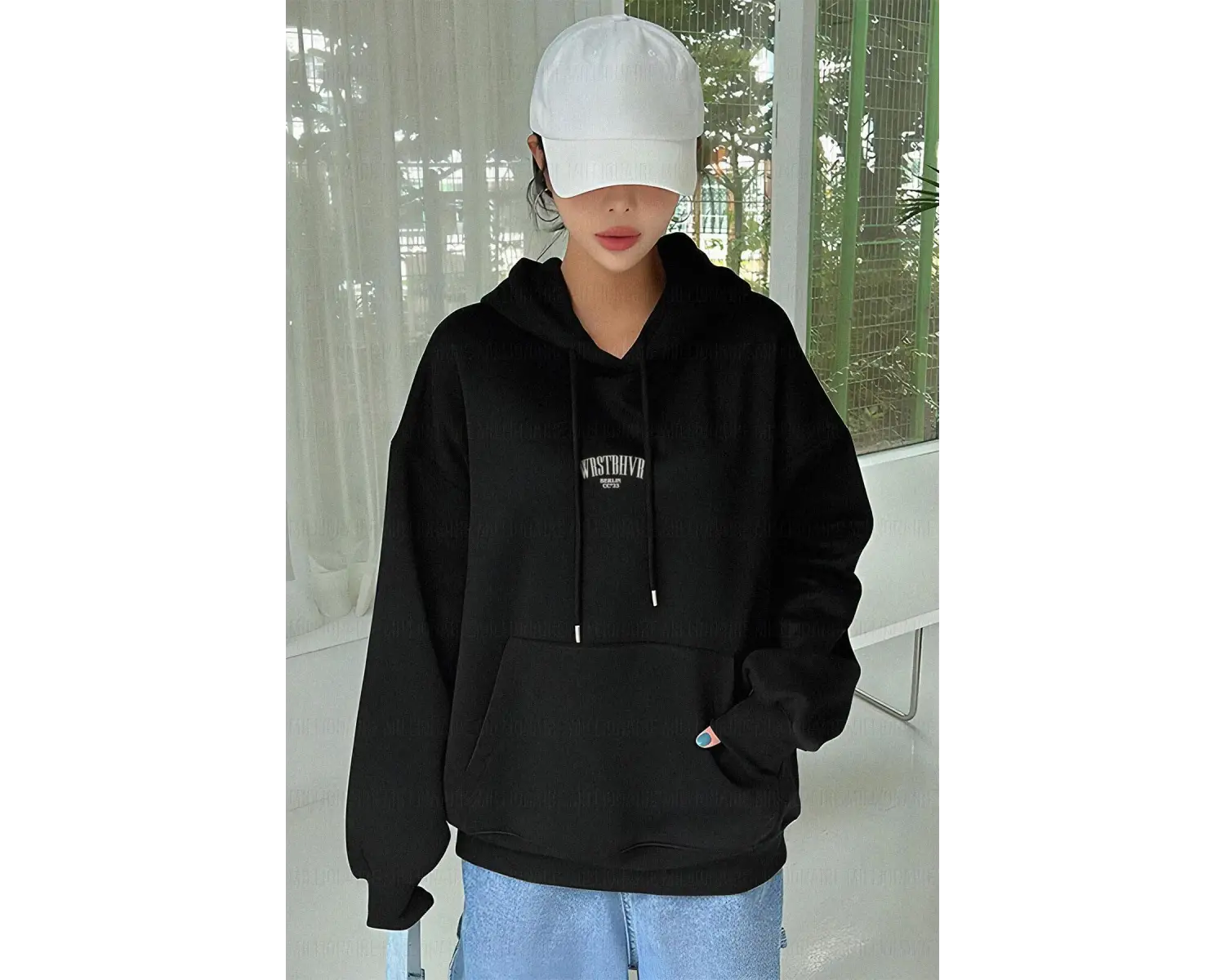 Kadın Ekru Dont Announce Baskılı 3 iplik Şardonlu Kapüşonlu Oversize Salaş Bol Ke Beyaz