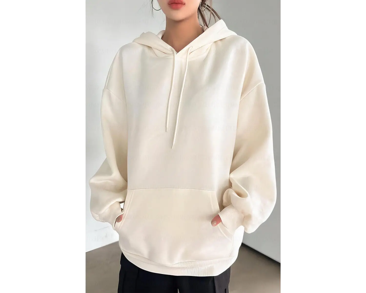 Kadın Ekru Düz Kapüşonlu Oversize 3 iplik Şardonlu Salaş Bol Kesim Hoodie Sweatsh Beyaz