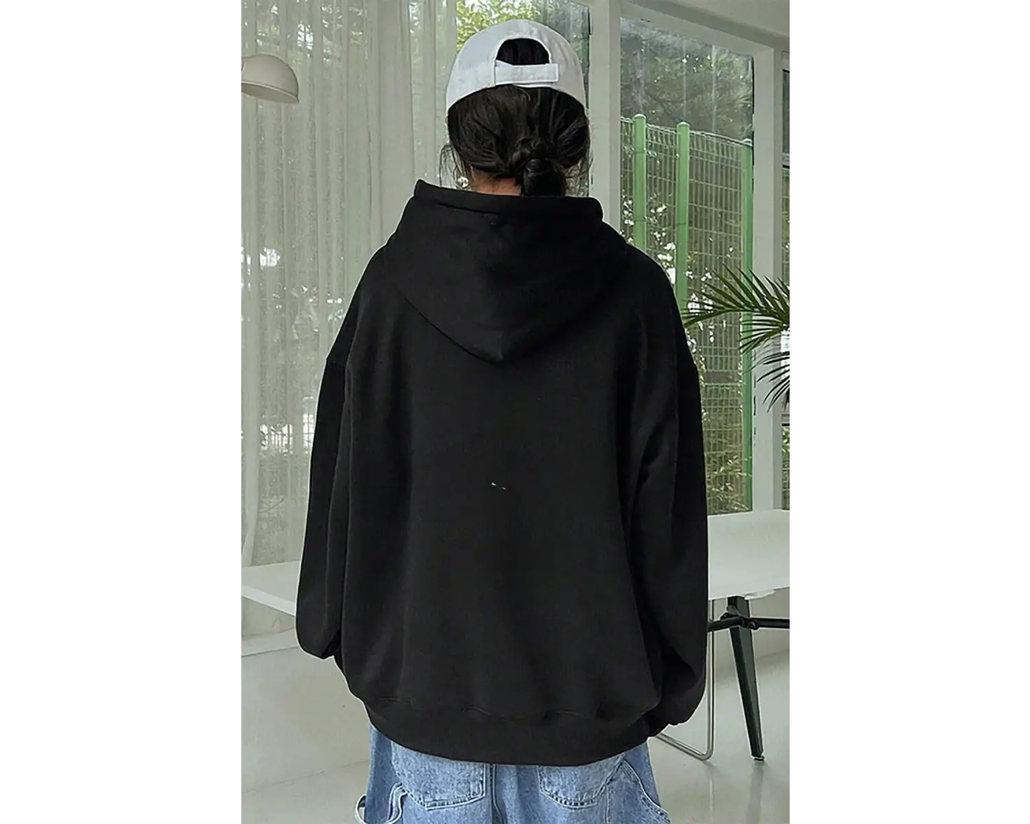 Kadın Ekru Düz Kapüşonlu Oversize 3 iplik Şardonlu Salaş Bol Kesim Hoodie Sweatsh Beyaz