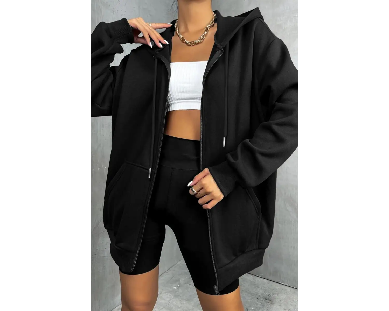 Kadin Ekru Kapüşonlu Fermuarlı 3 Üç Iplik Polar Kanguru Oversize Salaş Sweatshirt Beyaz