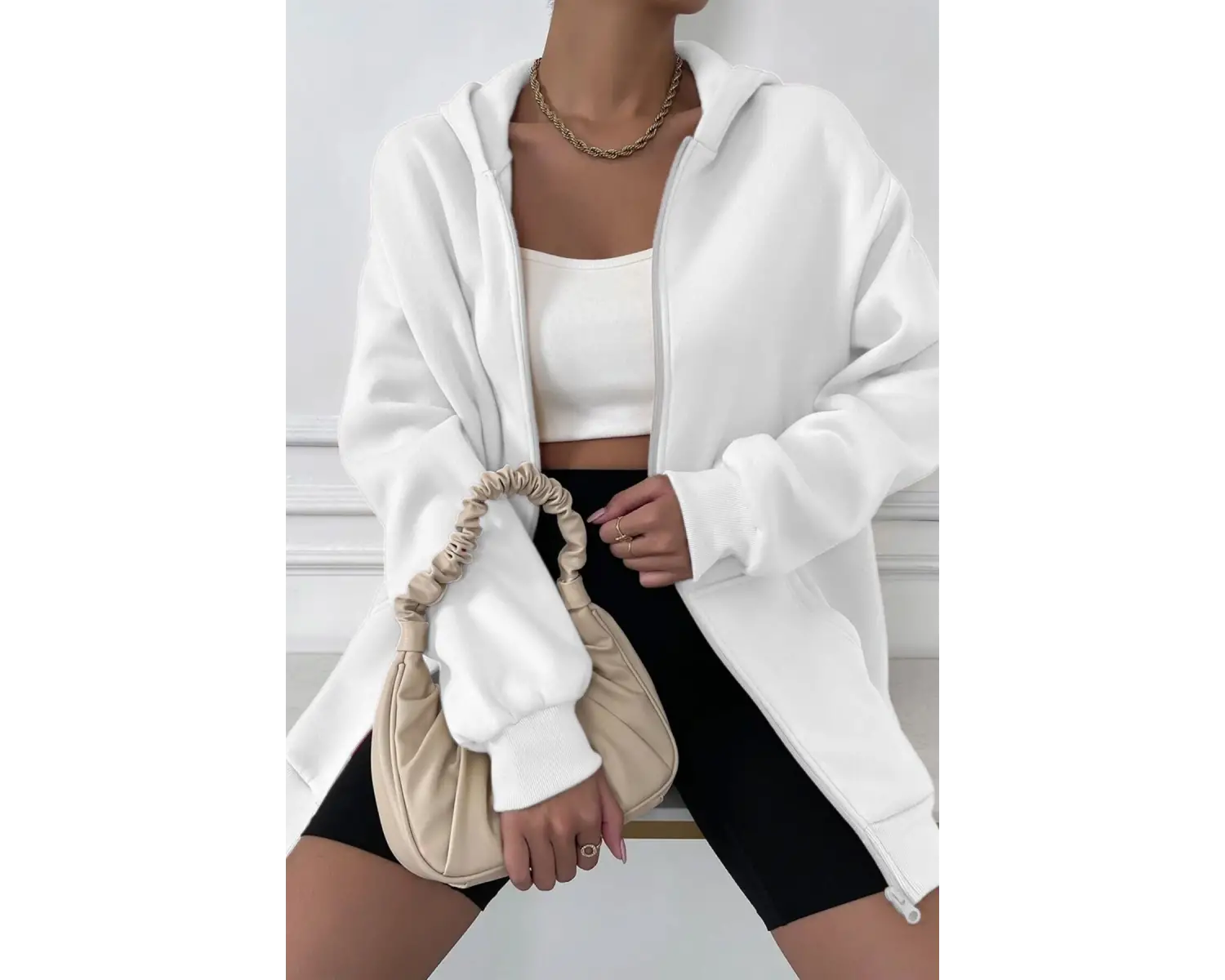 Kadin Ekru Kapüşonlu Fermuarlı 3 Üç Iplik Polar Kanguru Oversize Salaş Sweatshirt Beyaz