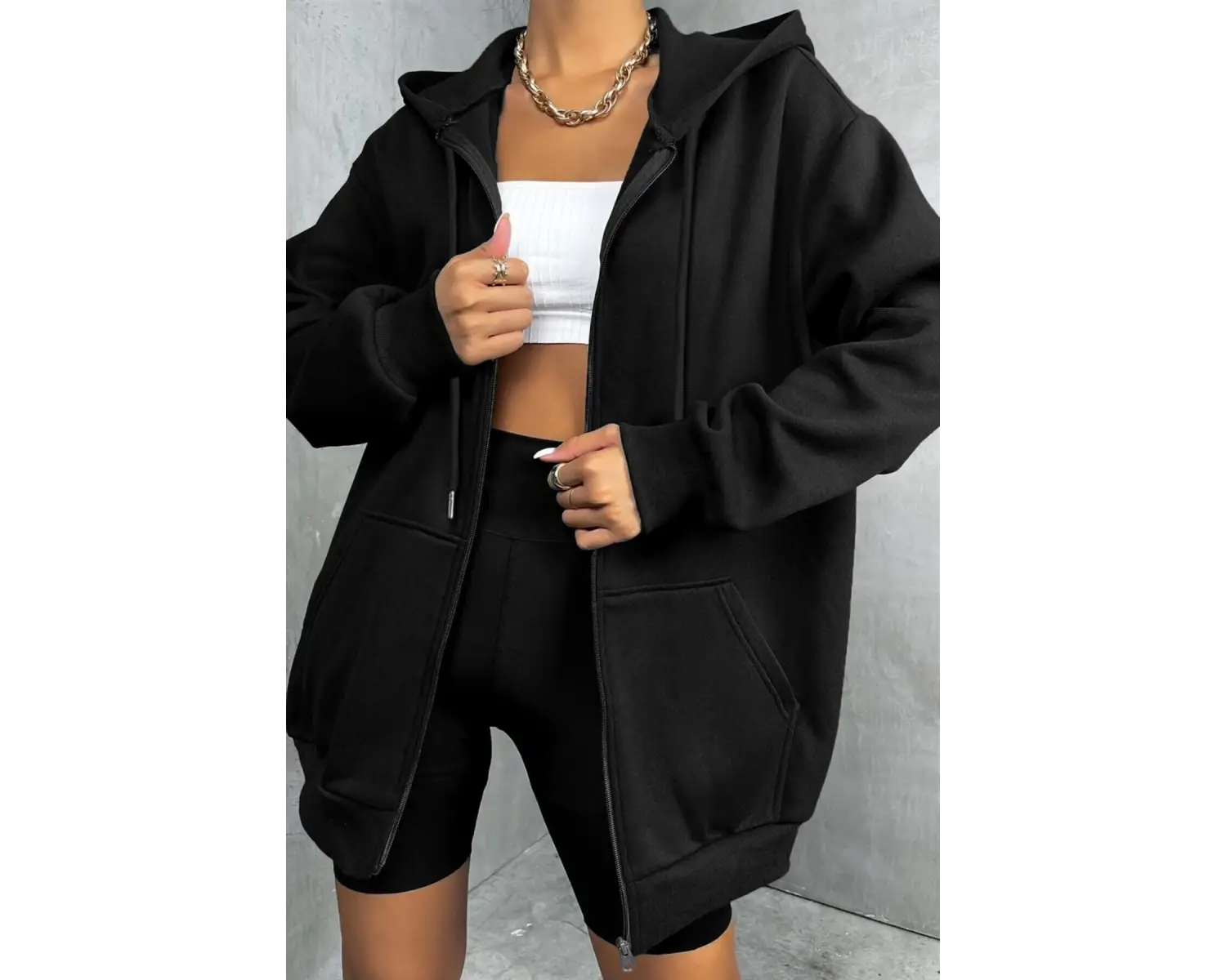 Kadin Ekru Kapüşonlu Fermuarlı 3 Üç Iplik Polar Kanguru Oversize Salaş Sweatshirt Beyaz