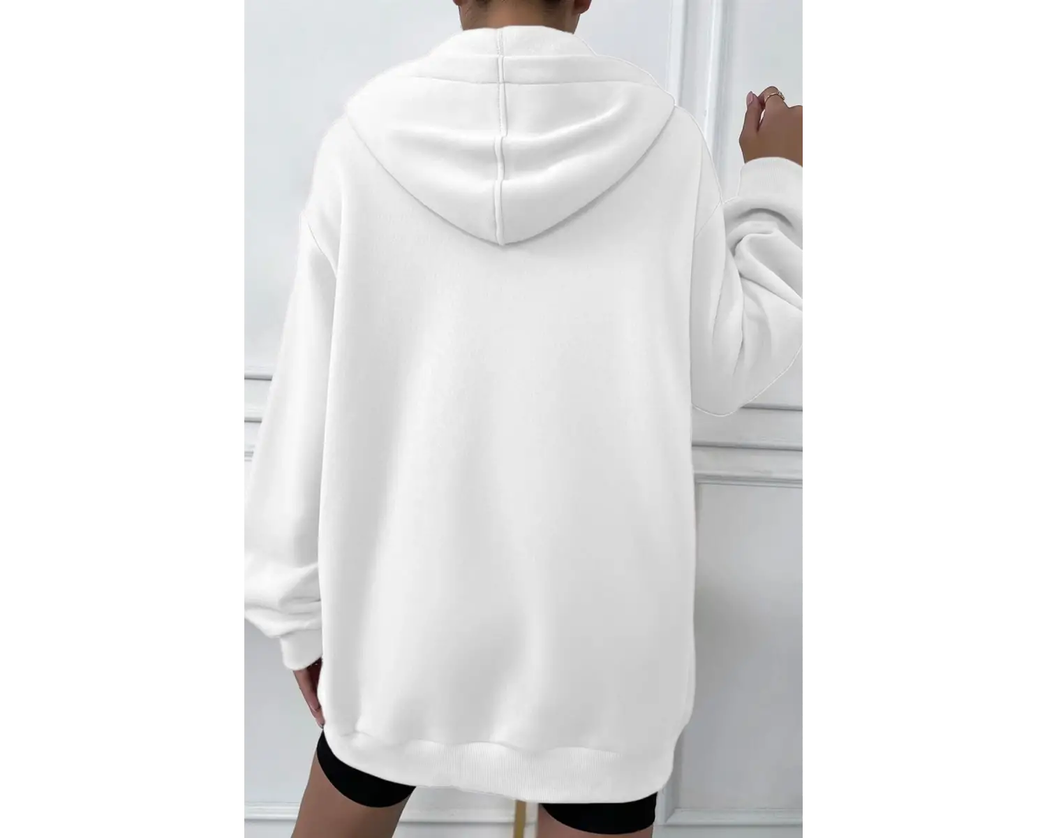 Kadin Ekru Kapüşonlu Fermuarlı 3 Üç Iplik Polar Kanguru Oversize Salaş Sweatshirt Beyaz