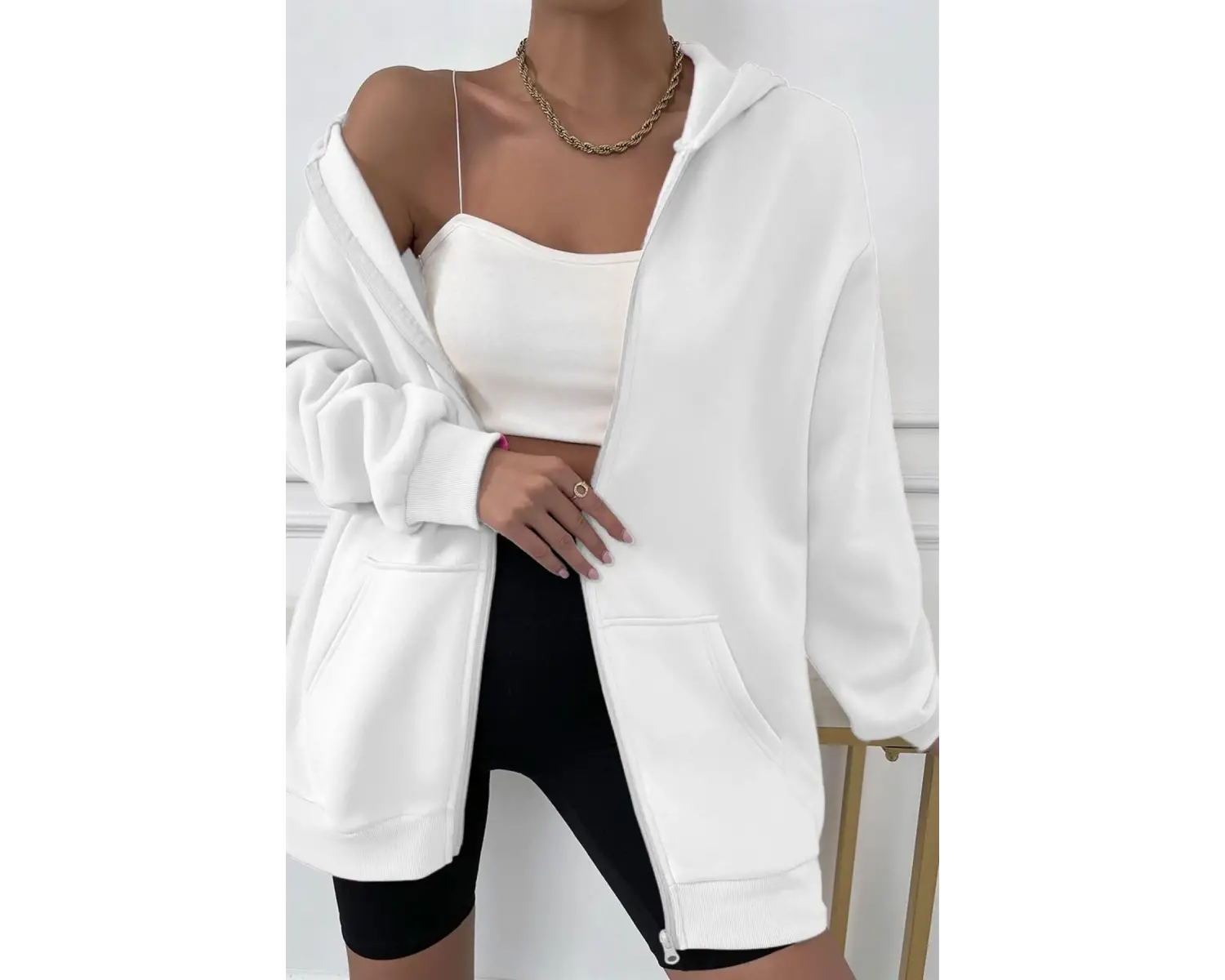 Kadin Ekru Kapüşonlu Fermuarlı 3 Üç Iplik Polar Kanguru Oversize Salaş Sweatshirt Beyaz