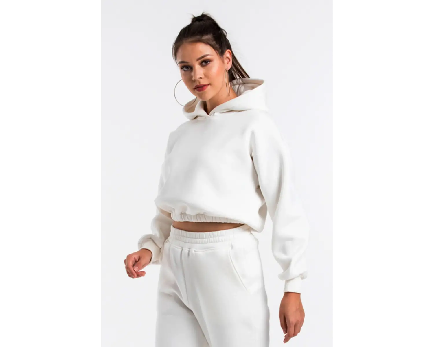 Kadın Ekru Renk Kapüşonlu Crop Kesim Sweatshirt Cy84196 Beyaz