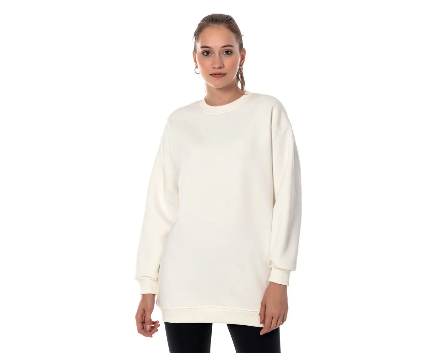 Kadın Ekru Renk Uzun Kesim Basic Örme Sweatshirt Cy84197 Beyaz