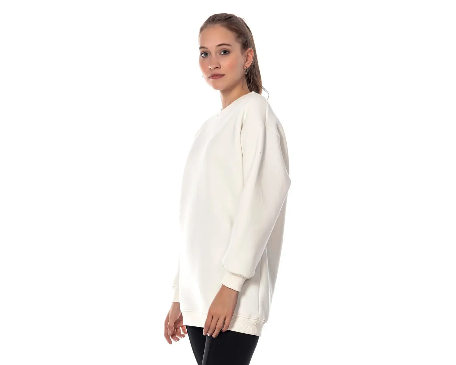 Kadın Ekru Renk Uzun Kesim Basic Örme Sweatshirt Cy84197 Beyaz