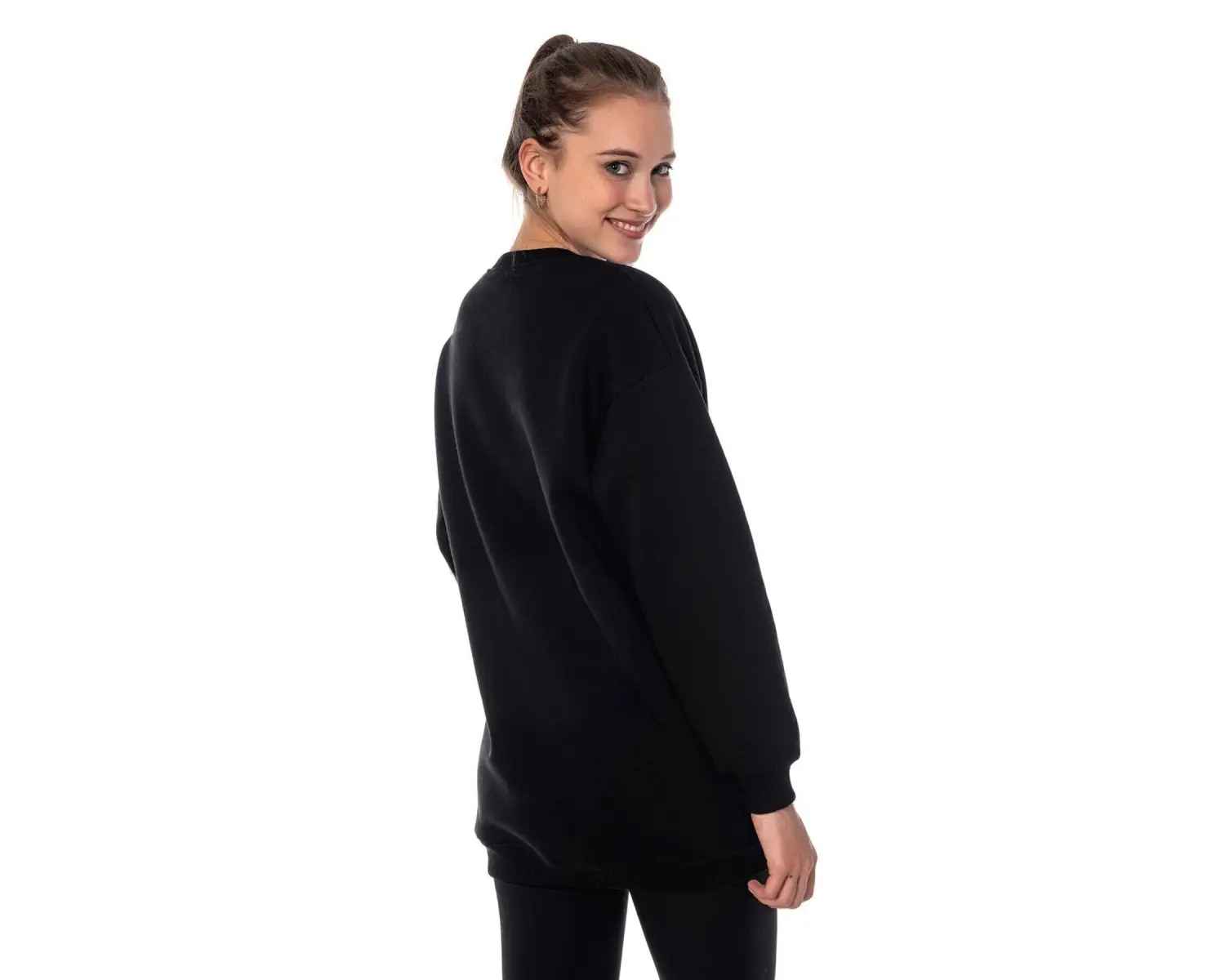 Kadın Ekru Renk Uzun Kesim Basic Örme Sweatshirt Cy84197 Beyaz
