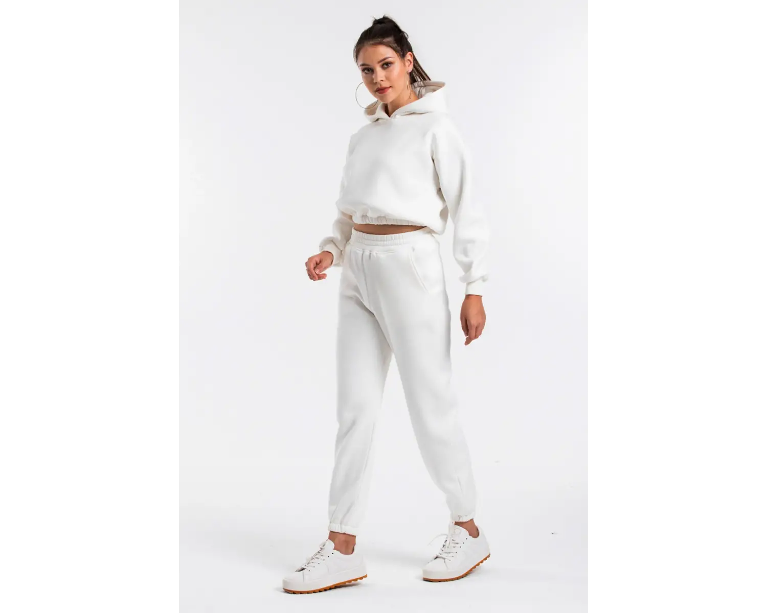 Kadın Ekru Renk Yüksek Bel Jogger Eşofman Takımı Cy84156