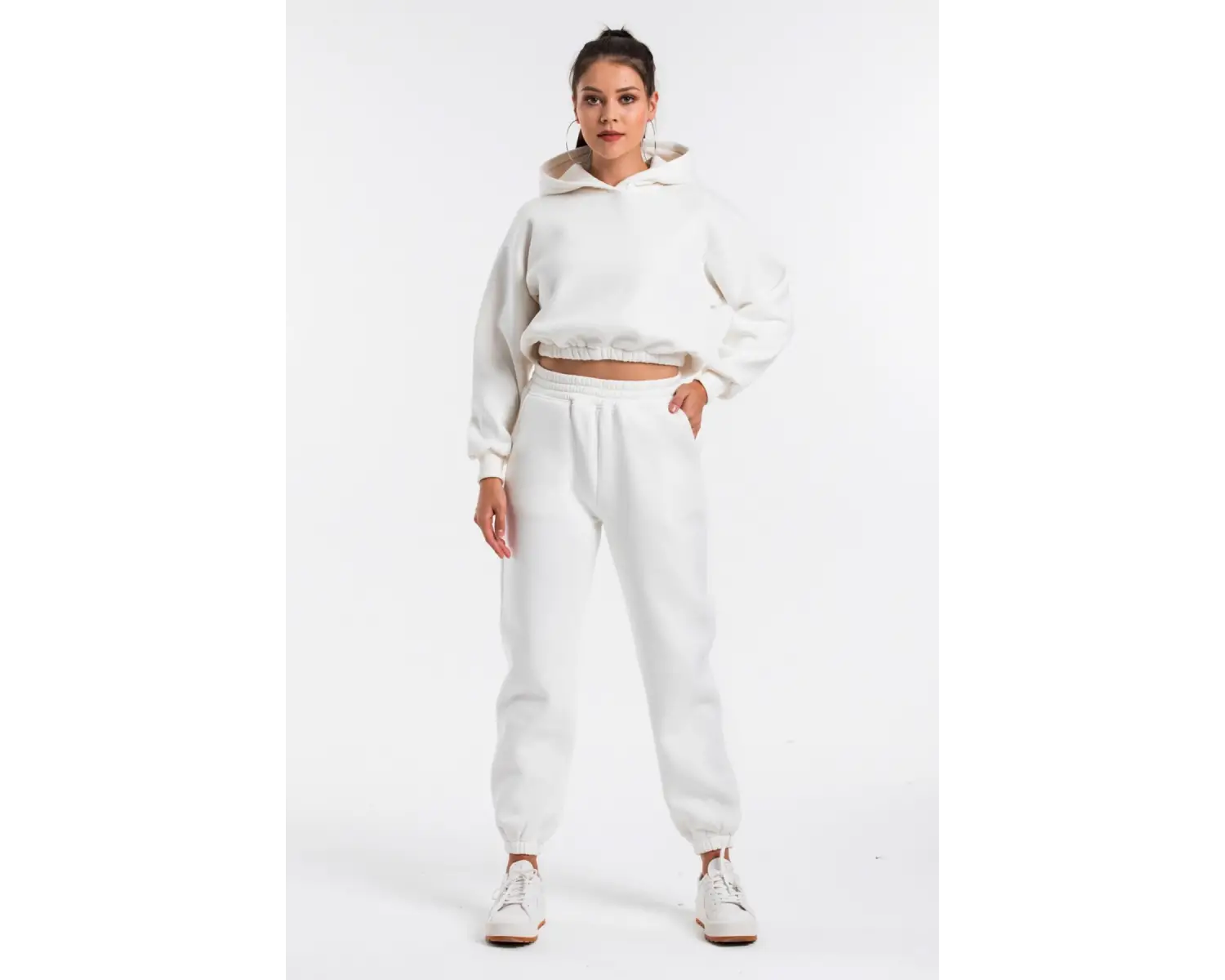 Kadın Ekru Renk Yüksek Bel Jogger Eşofman Takımı Cy84156