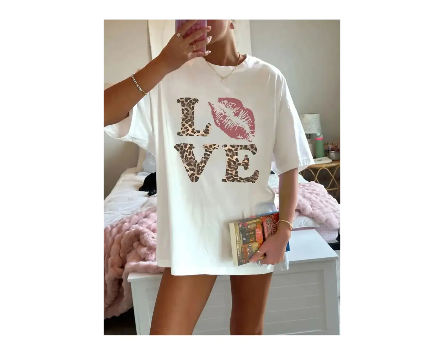 Kadın Fiyonk Leopar Baskılı Beyaz Siyah T-shirt Oversize