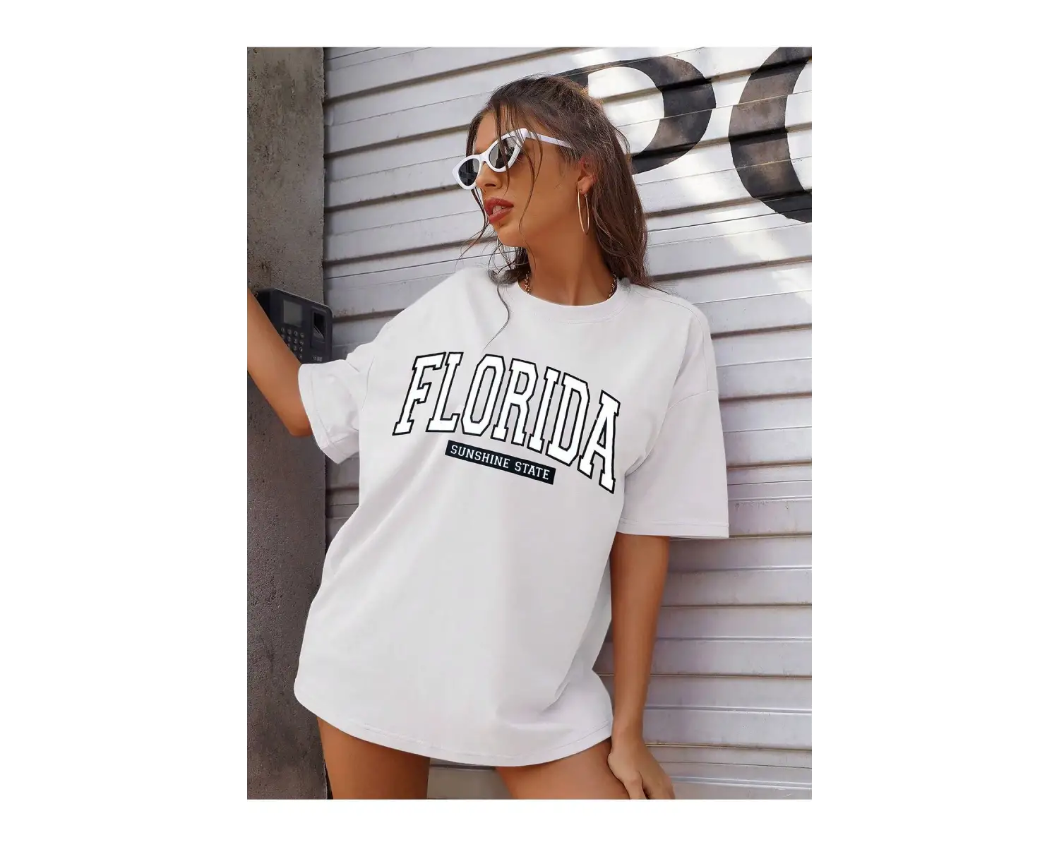 Kadın FLORİDA Renkli Özel Baskılı Renkli Oversize Bisiklet Yaka Penye T-Shirt