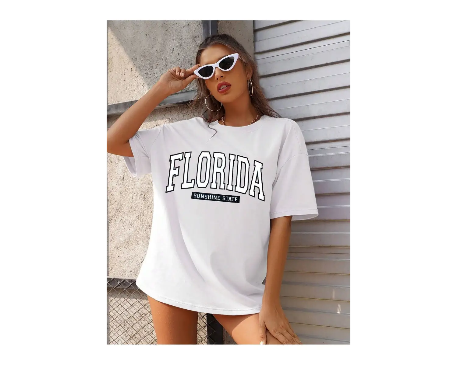 Kadın FLORİDA Renkli Özel Baskılı Renkli Oversize Bisiklet Yaka Penye T-Shirt