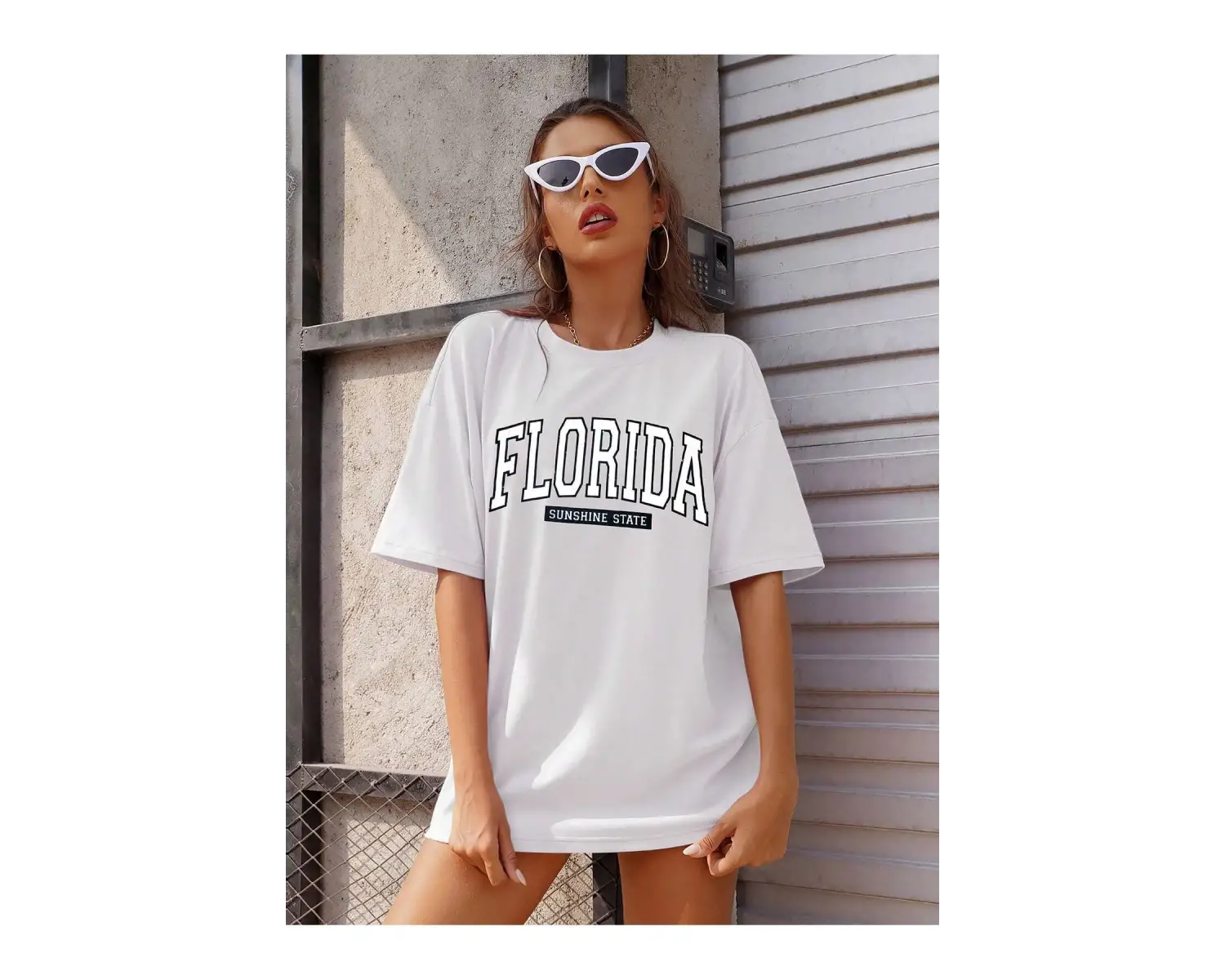 Kadın FLORİDA Renkli Özel Baskılı Renkli Oversize Bisiklet Yaka Penye T-Shirt