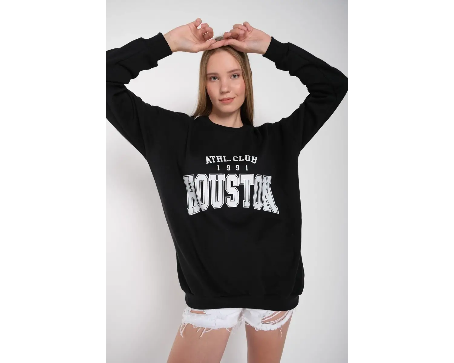 Kadın Gri Houston Baskılı Bisiklet Yaka Oversize Sweatshirt mdgnhouston