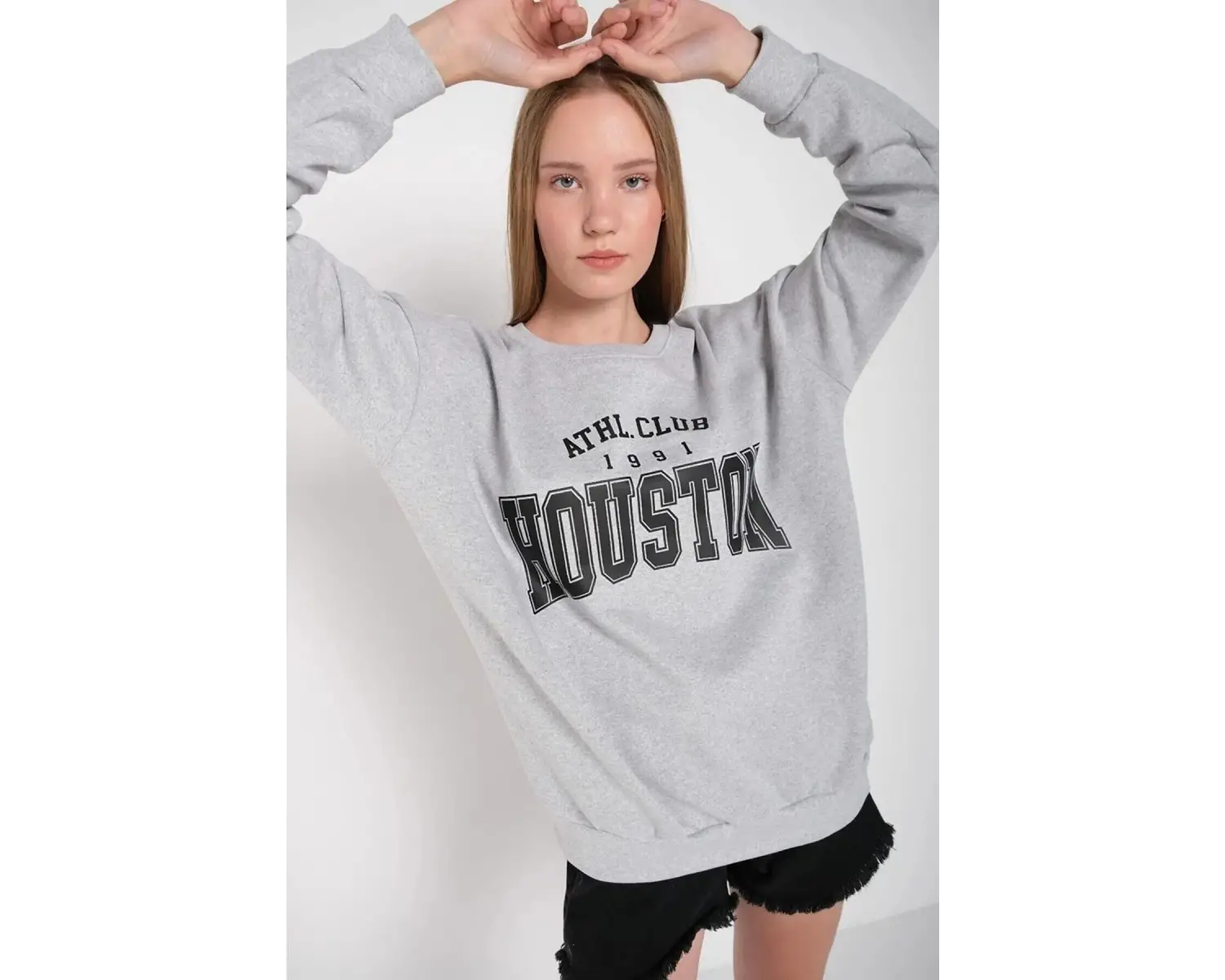 Kadın Gri Houston Baskılı Bisiklet Yaka Oversize Sweatshirt mdgnhouston