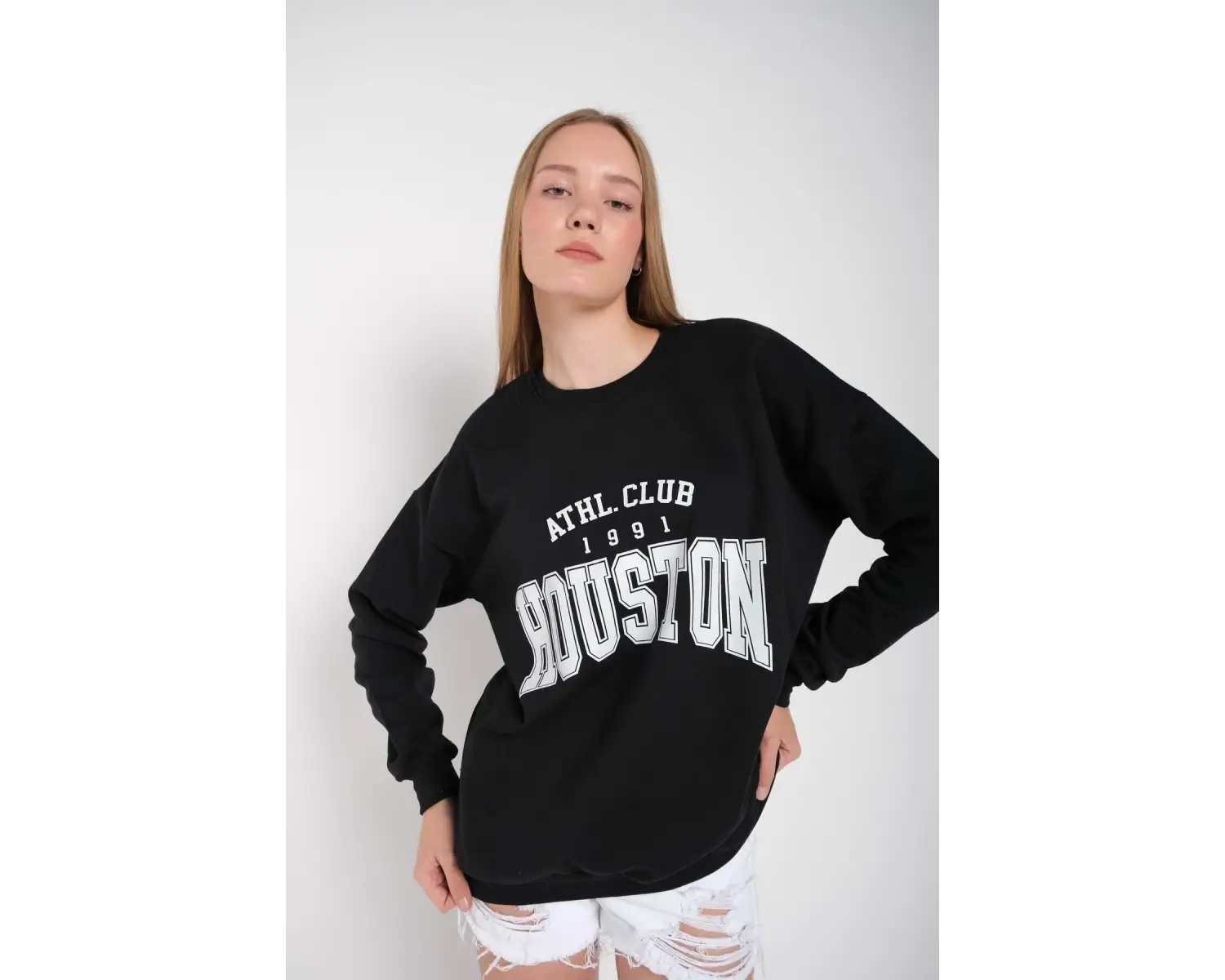 Kadın Gri Houston Baskılı Bisiklet Yaka Oversize Sweatshirt mdgnhouston