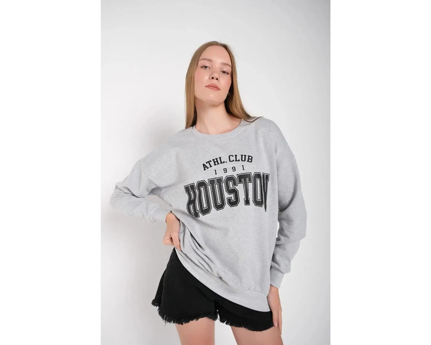 Kadın Gri Houston Baskılı Bisiklet Yaka Oversize Sweatshirt mdgnhouston