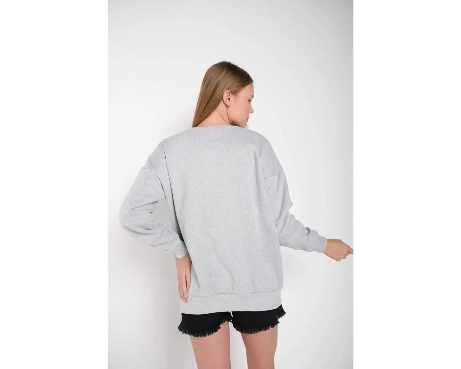 Kadın Gri Houston Baskılı Bisiklet Yaka Oversize Sweatshirt mdgnhouston