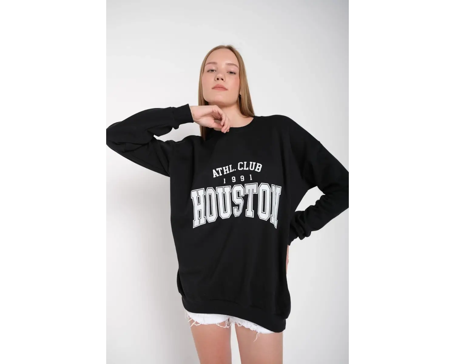 Kadın Gri Houston Baskılı Bisiklet Yaka Oversize Sweatshirt mdgnhouston