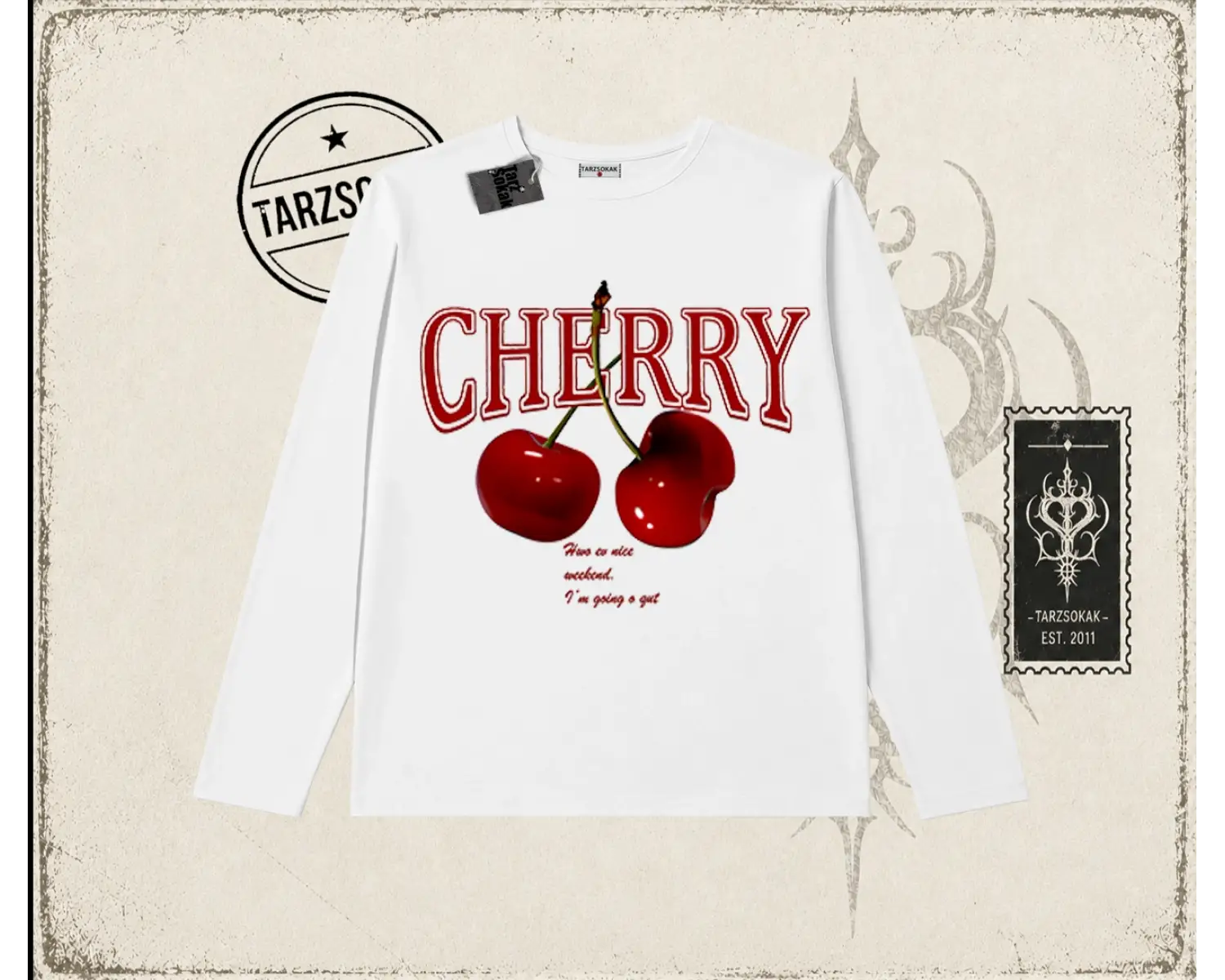 Kadın Have a Nice Weekend Cherry Biskilet Yaka  Long Sleeve Beyaz