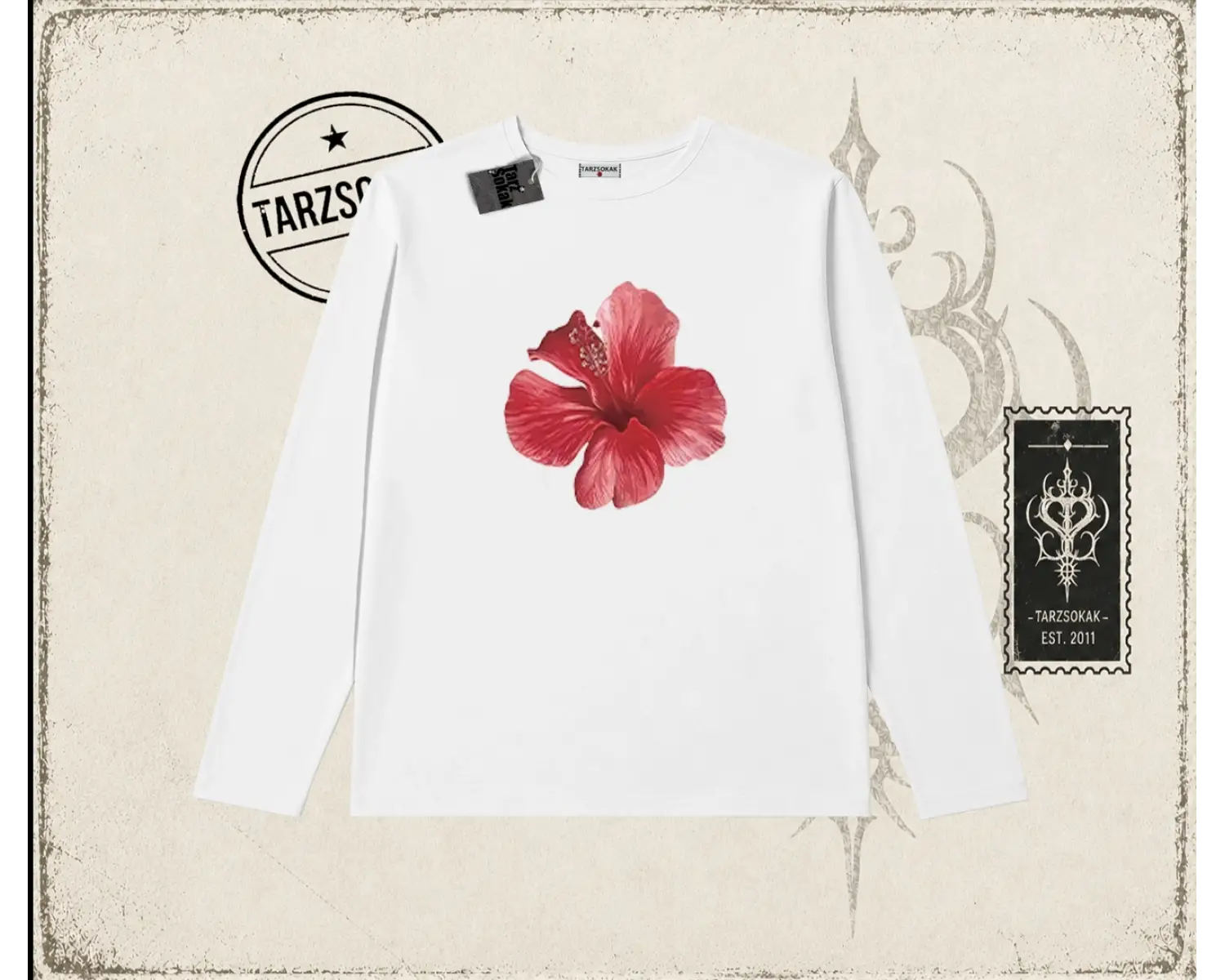 Kadın Hibiscus Biskilet Yaka  Long Sleeve Beyaz
