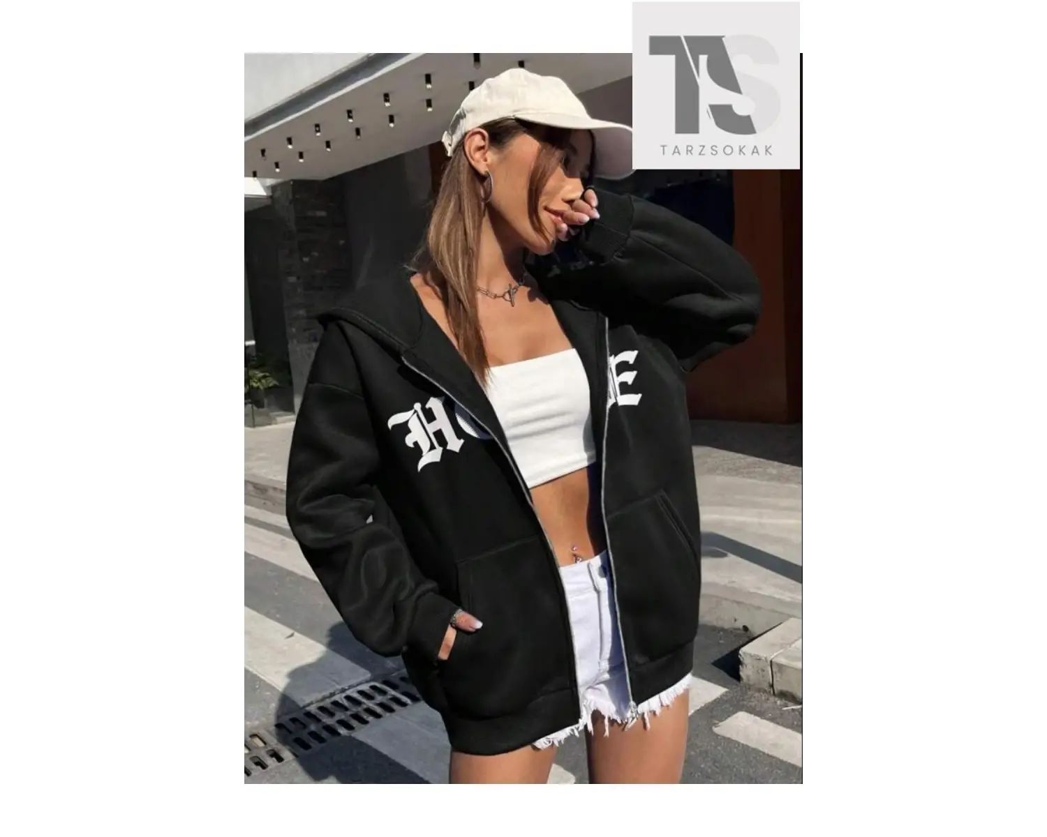 Kadın Hope Baskılı Fermuarlı Kapşonlu Oversize Siyah