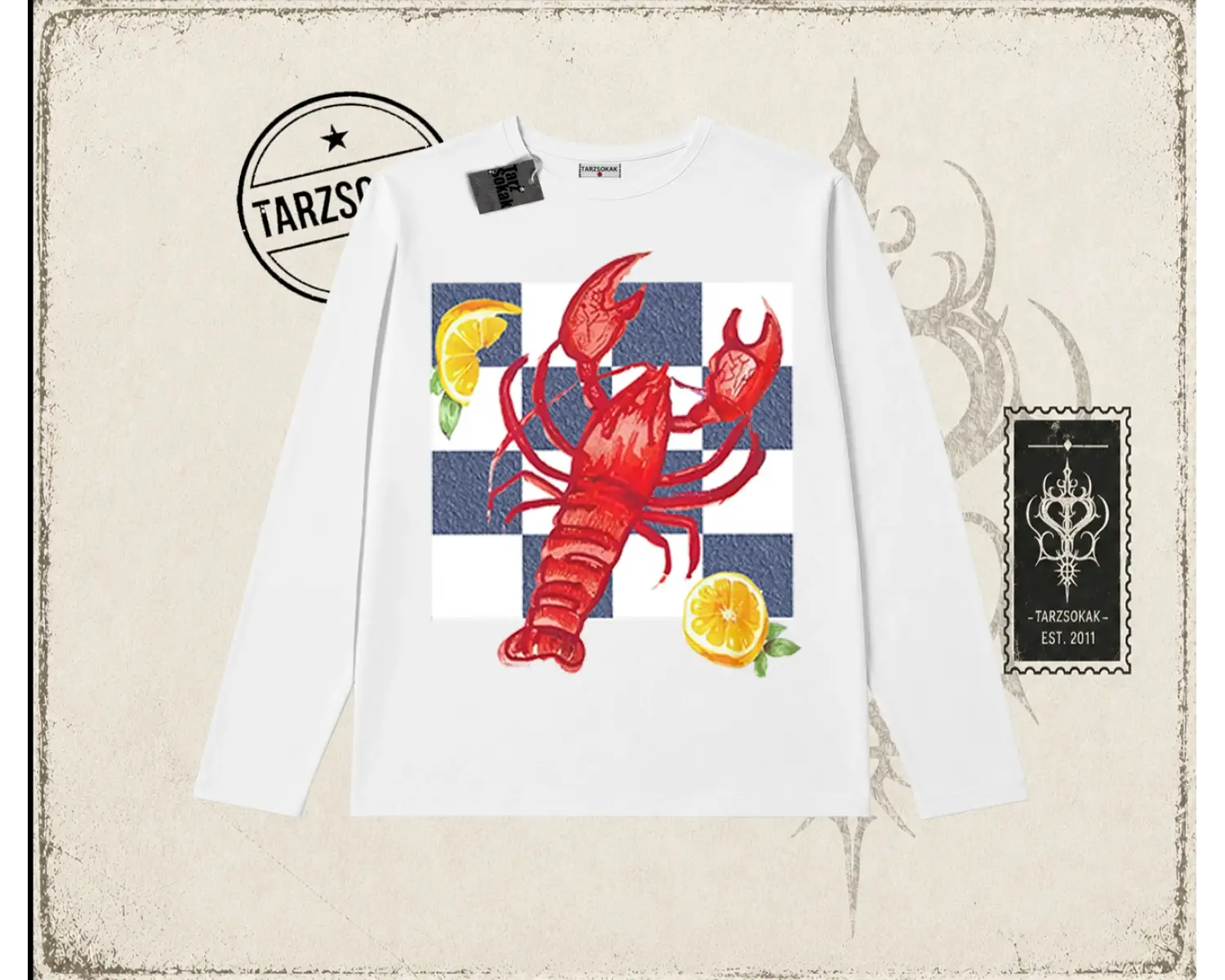 Kadın Istakoz Ekose Biskilet Yaka  Long Sleeve Beyaz