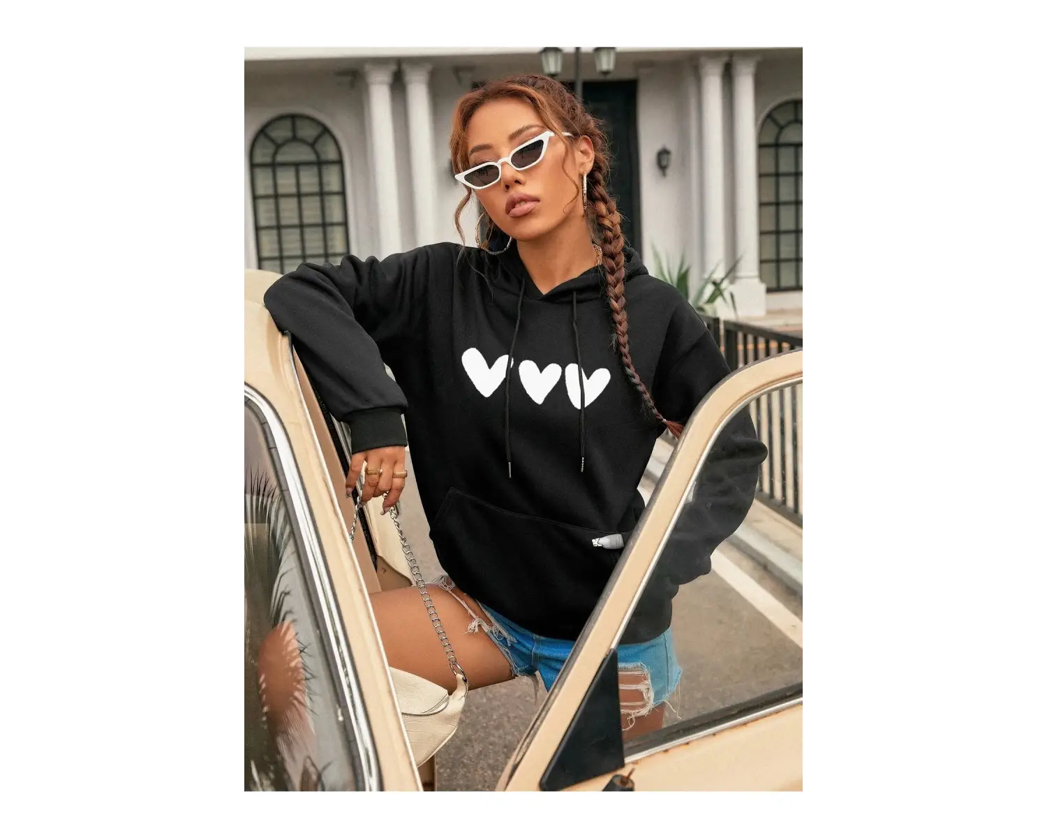 Kadın Kalp Baskılı Kapüşonlu Sweatshirt Siyah