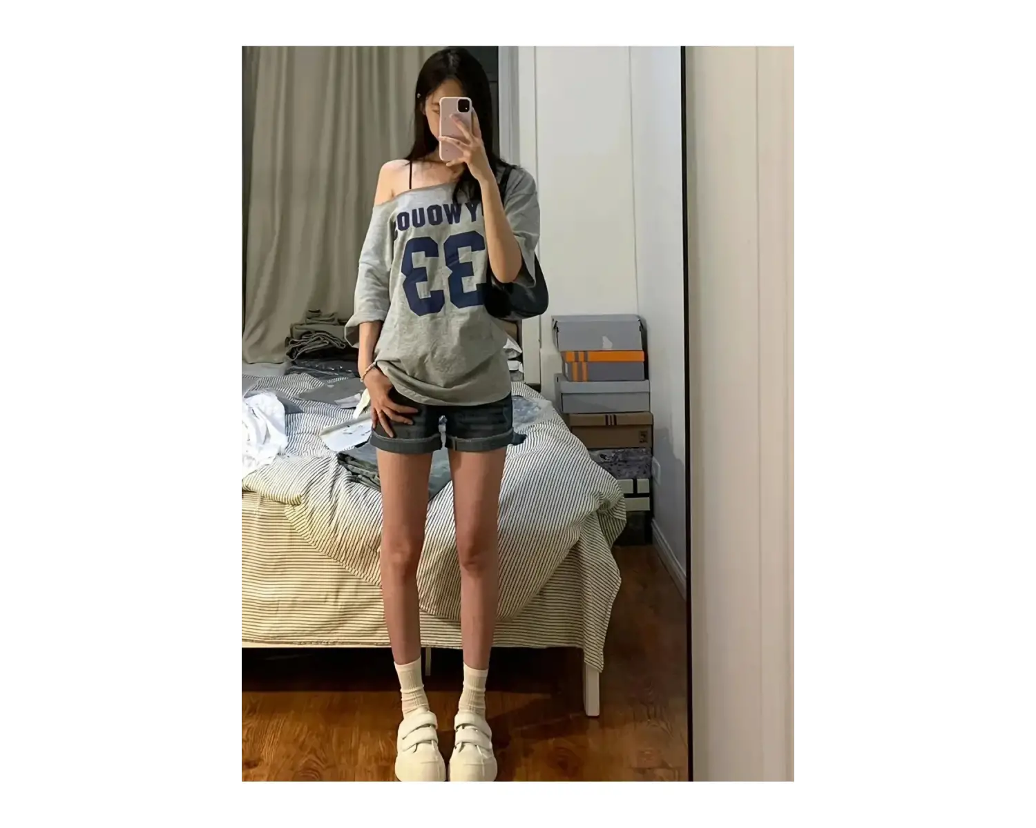 Kadın Kayık Yaka Oywouos Baskılı Oversize %100 Pamuk