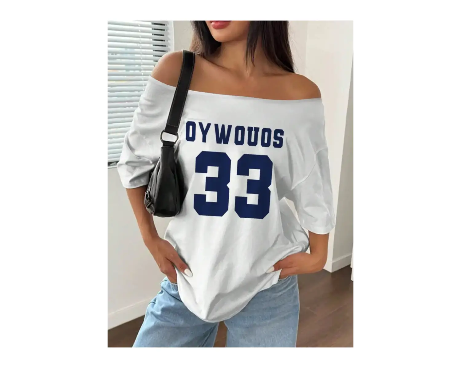 Kadın Kayık Yaka Oywouos Baskılı Oversize %100 Pamuk