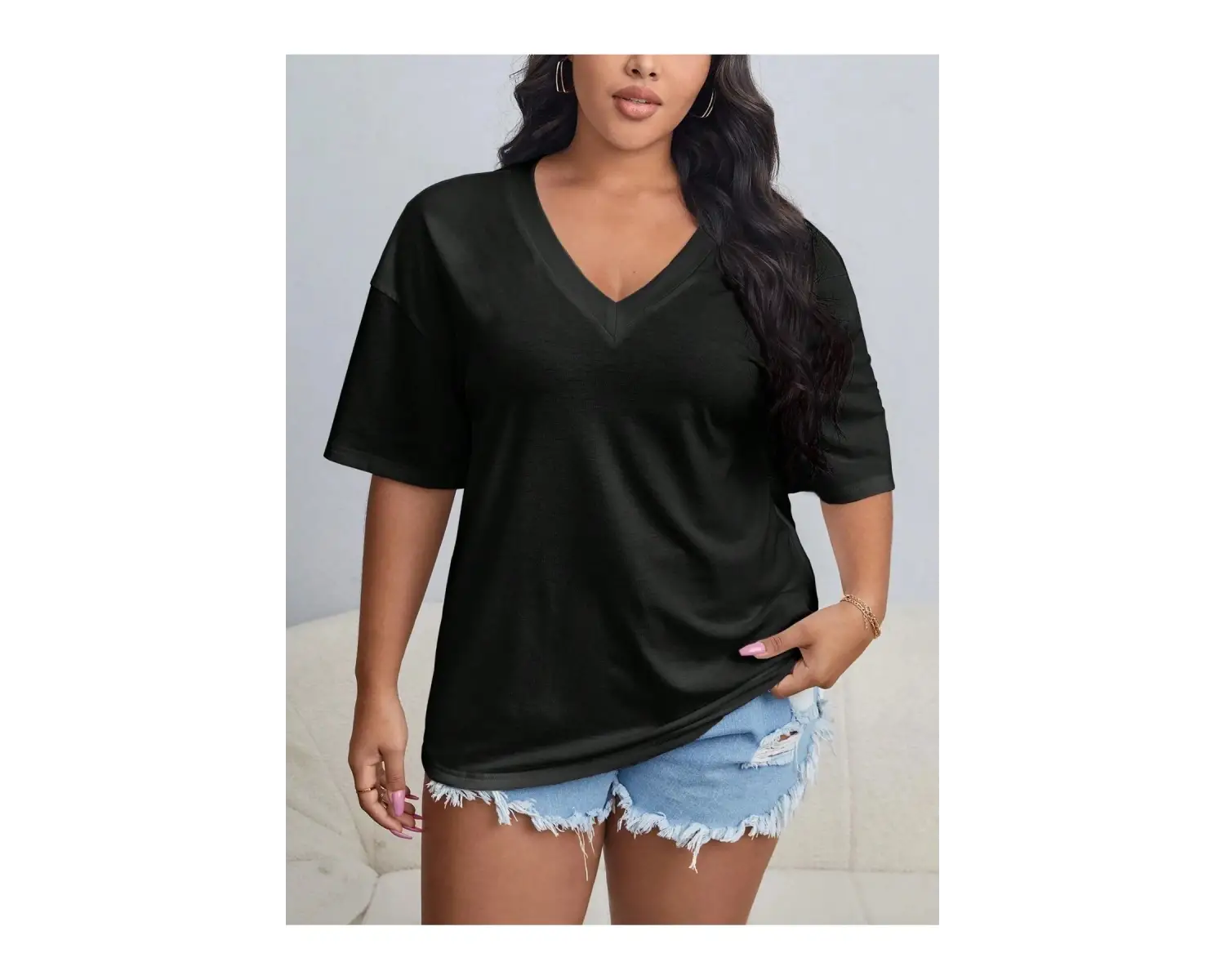 Kadın / Kız V Yaka Tüy Desen Baskılı Beyaz Oversize T-shirt Salaş