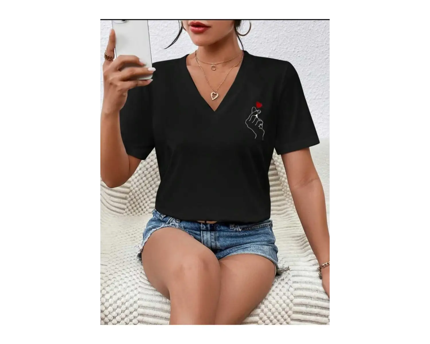 Kadın / Kız V Yaka Tüy Desen Baskılı Beyaz Oversize T-shirt Salaş