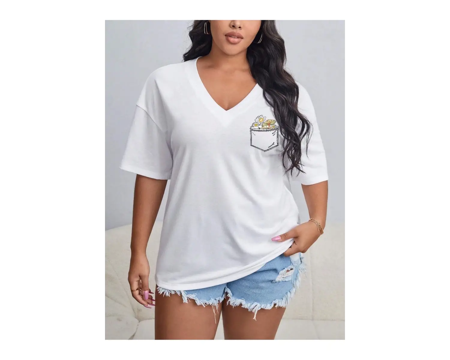 Kadın / Kız V Yaka Tüy Desen Baskılı Beyaz Oversize T-shirt Salaş