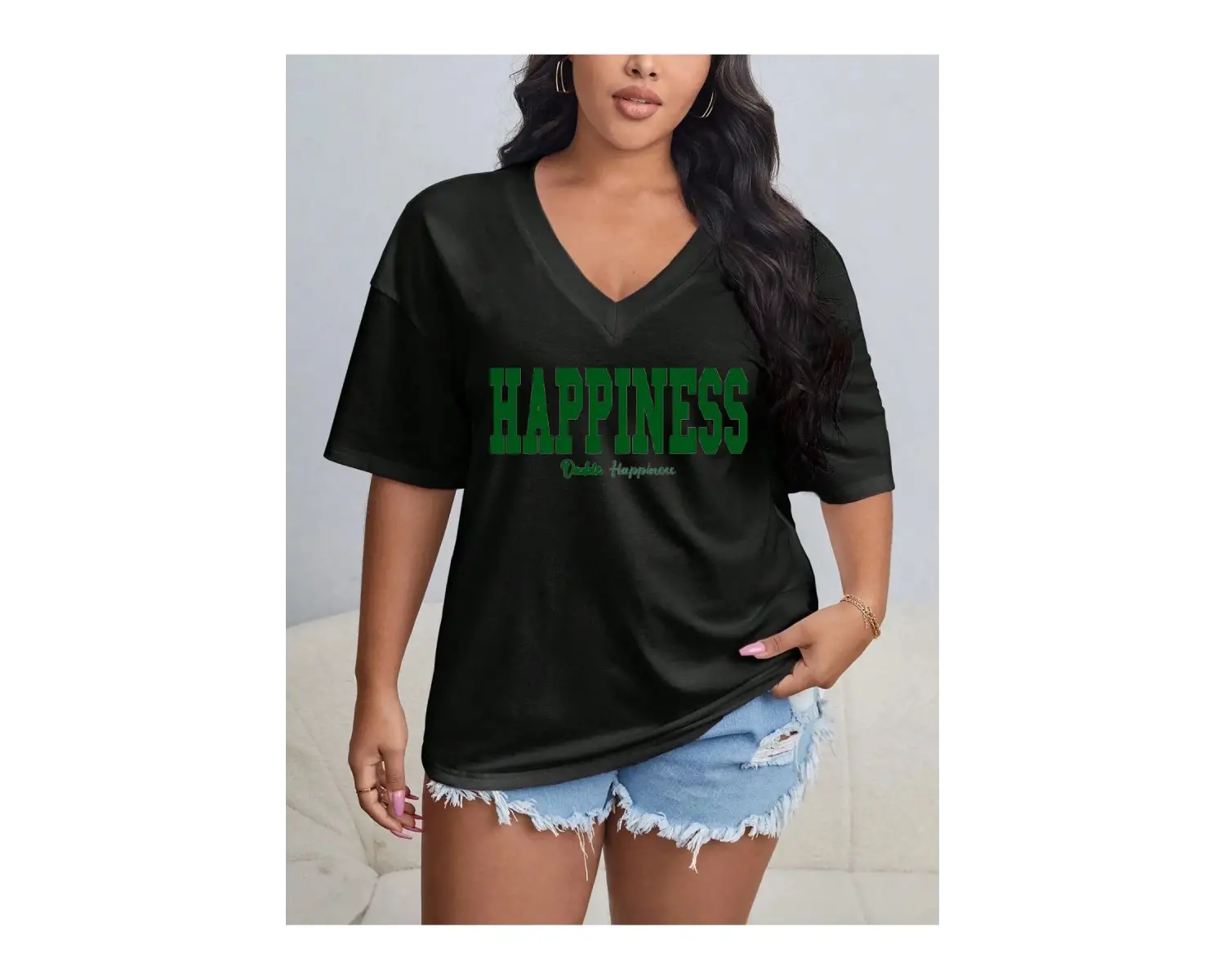 Kadın / Kız V Yaka Tüy Desen Baskılı Beyaz Oversize T-shirt Salaş