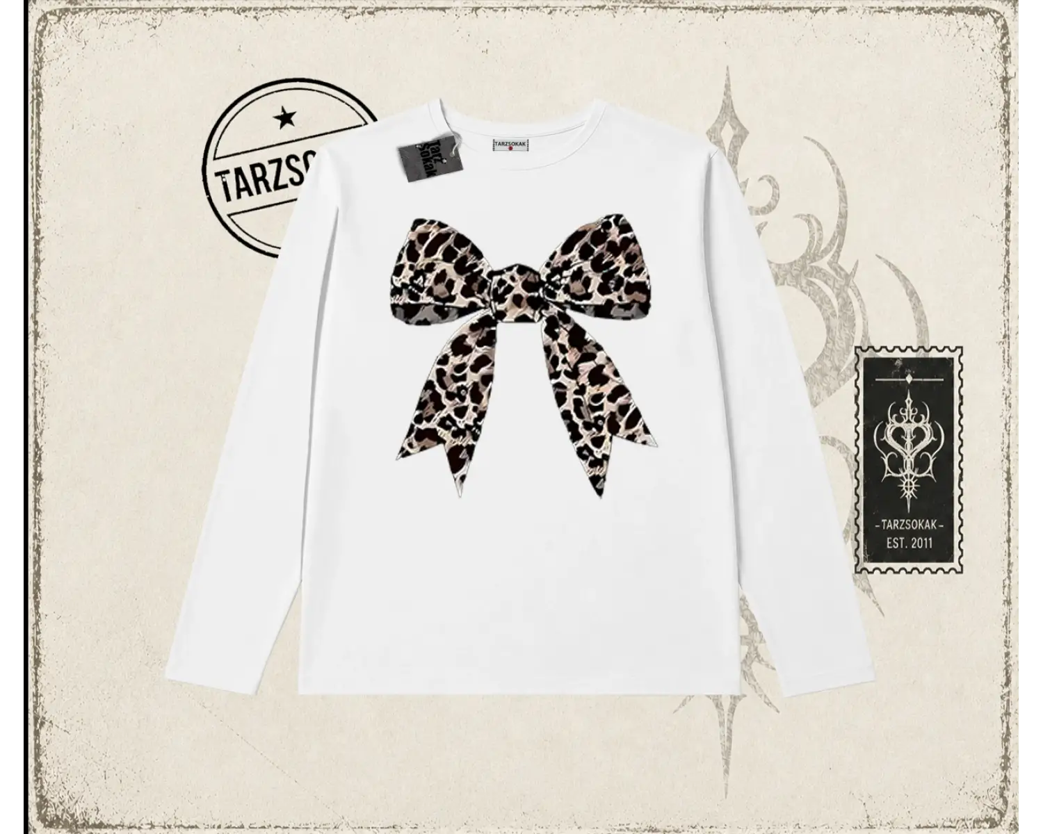 Kadın Leopar Kurdele Biskilet Yaka  Long Sleeve Beyaz