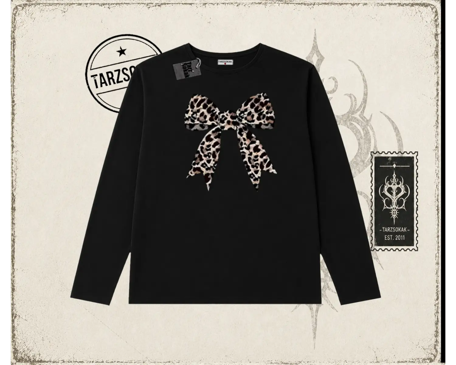 Kadın Leopar Kurdele Biskilet Yaka  Long Sleeve Beyaz