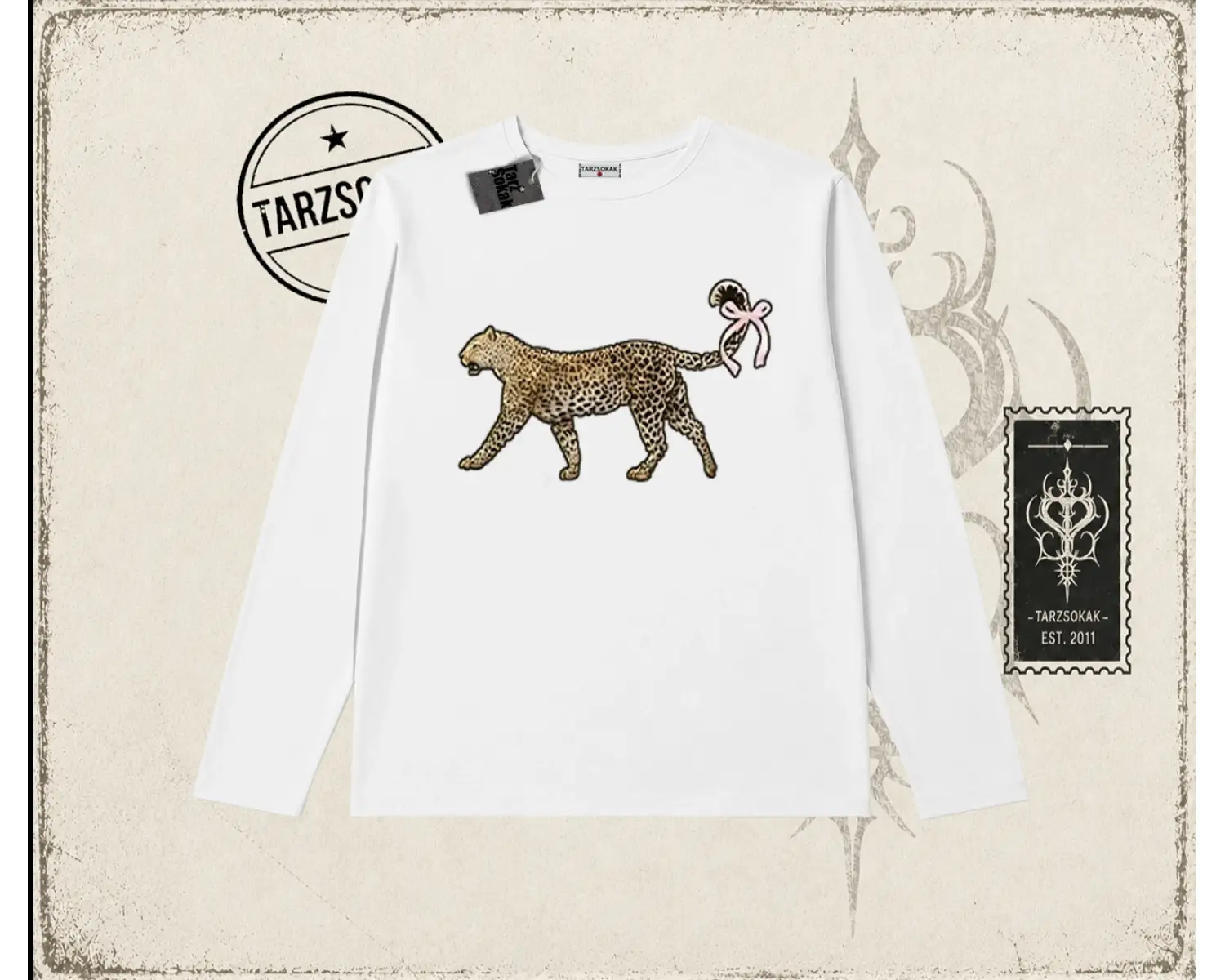 Kadın Leopar Kuyruk Kurdele Biskilet Yaka  Long Sleeve Beyaz