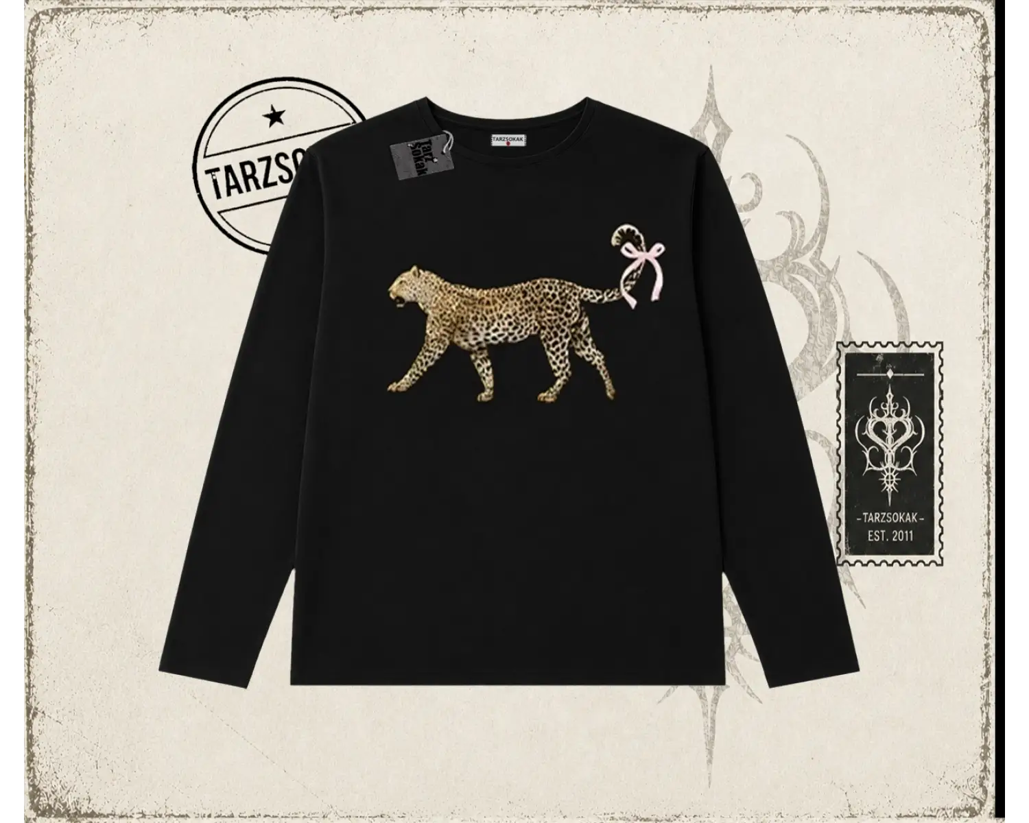 Kadın Leopar Kuyruk Kurdele Biskilet Yaka  Long Sleeve Beyaz