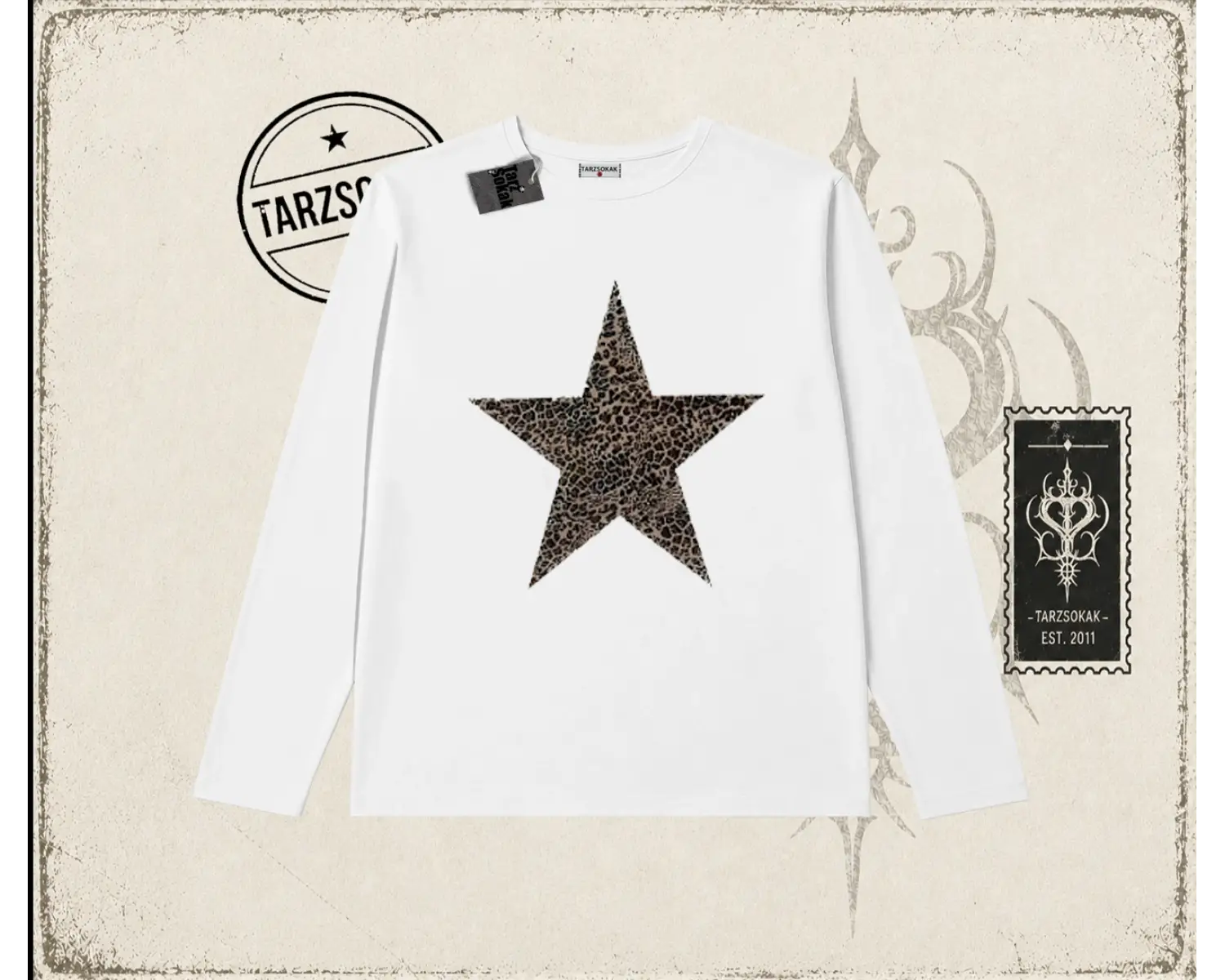 Kadın Leopar Yıldız Biskilet Yaka  Long Sleeve Beyaz