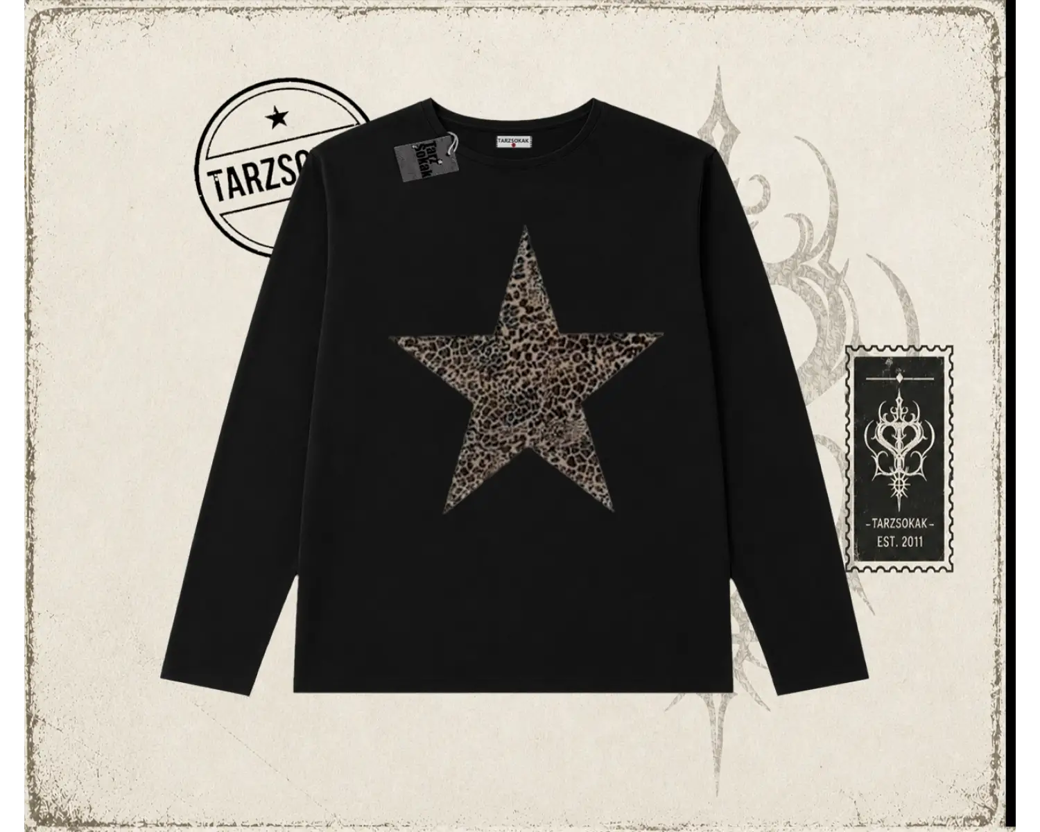 Kadın Leopar Yıldız Biskilet Yaka  Long Sleeve Beyaz