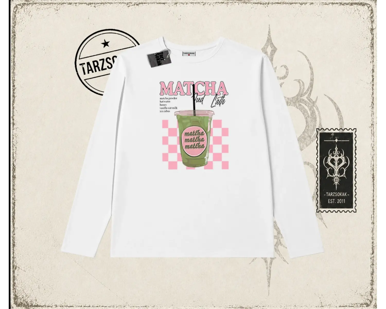 Kadın Matcha iced Latte Biskilet Yaka  Long Sleeve Beyaz