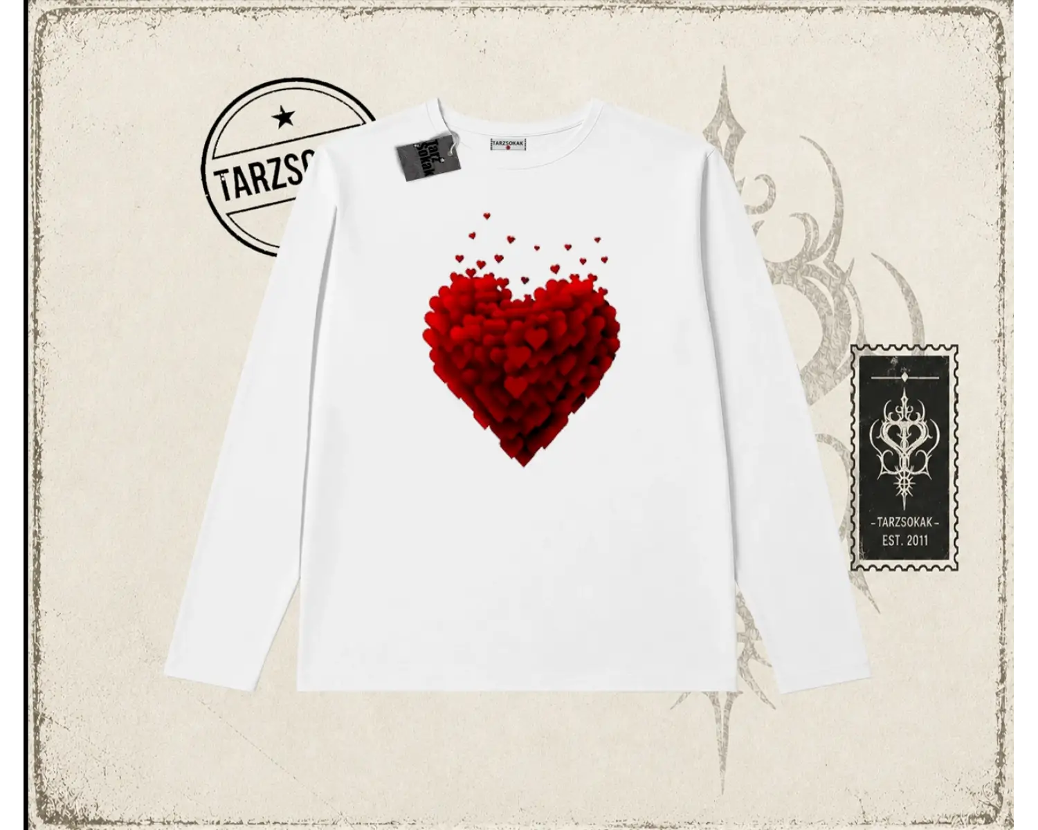 Kadın Minik Kalp Biskilet Yaka  Long Sleeve Beyaz