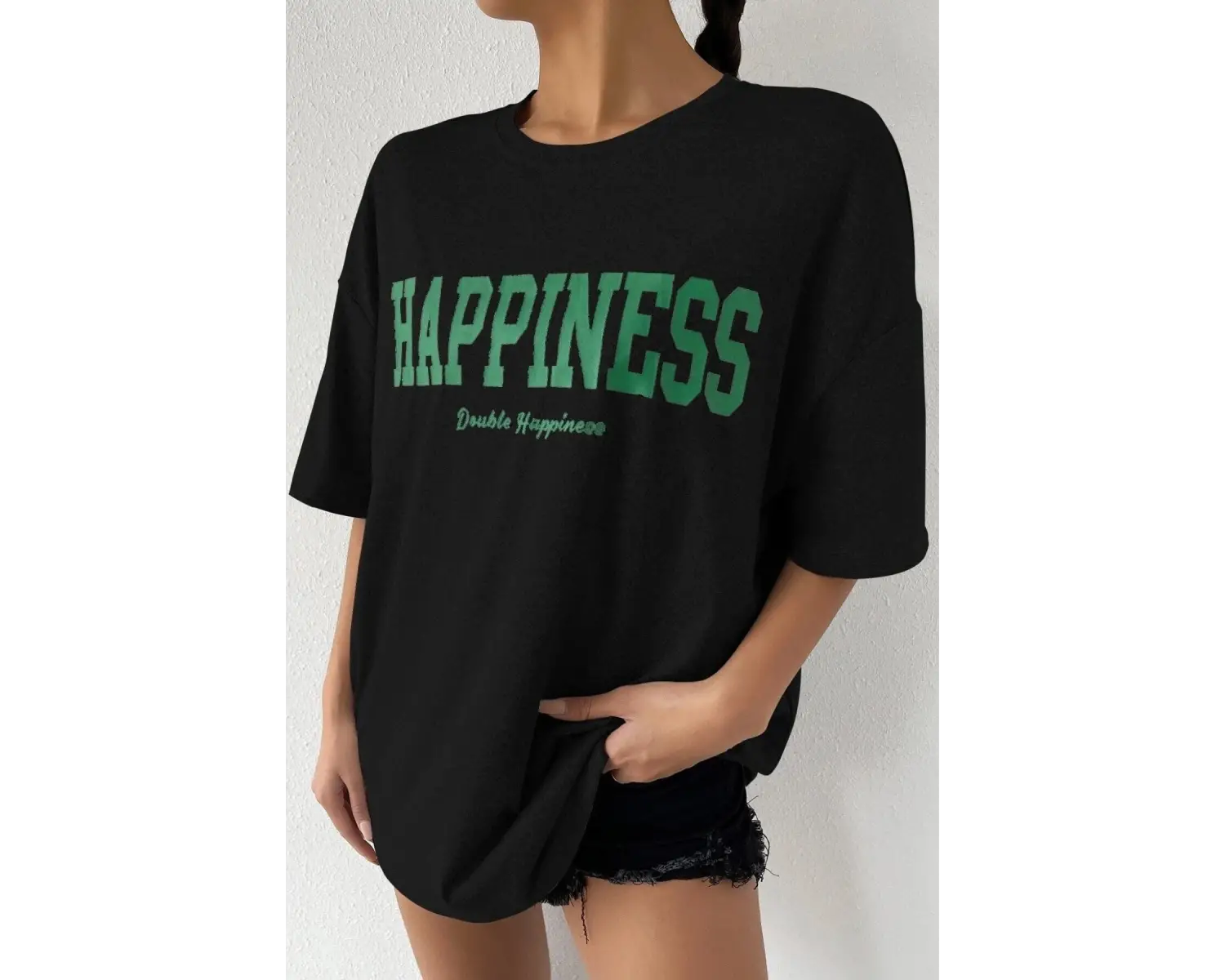 Kadın Oversize Hapiness Baskılı Siyah