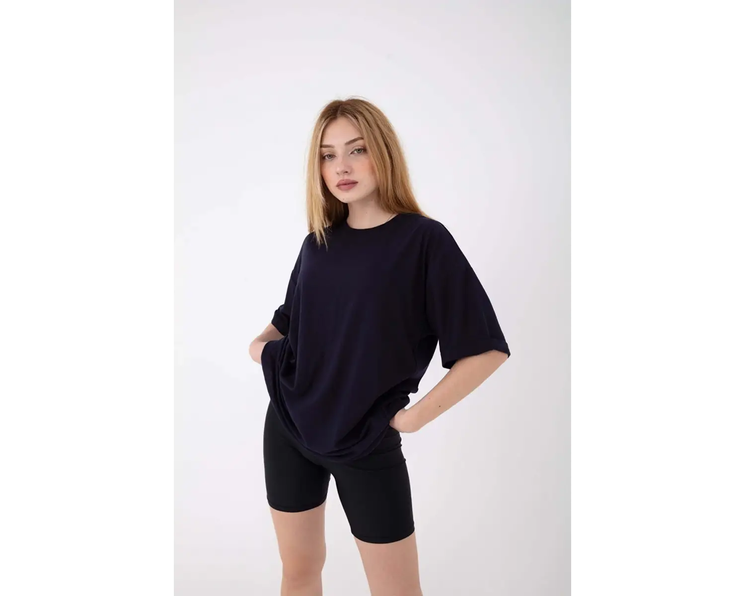 Kadın Oversize Kısa Kollu Bisiklet Yaka