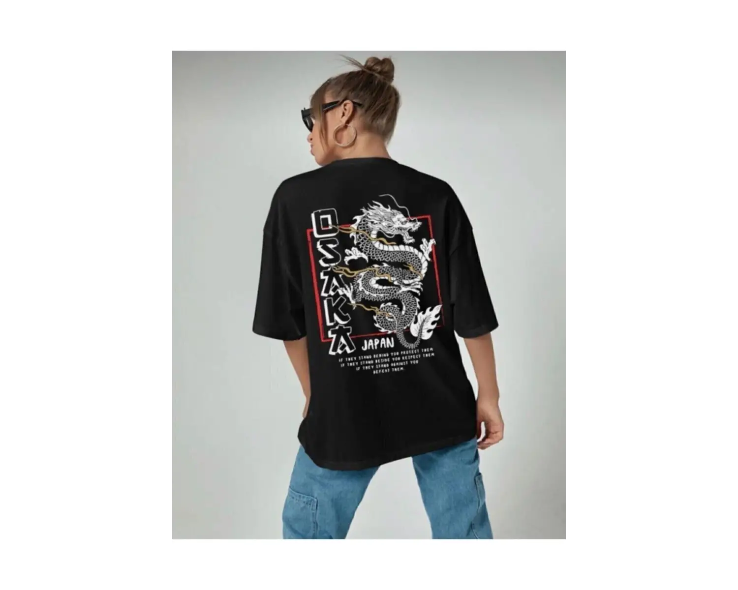 Kadın Oversize Osaka Baskılı Siyah Tshirt