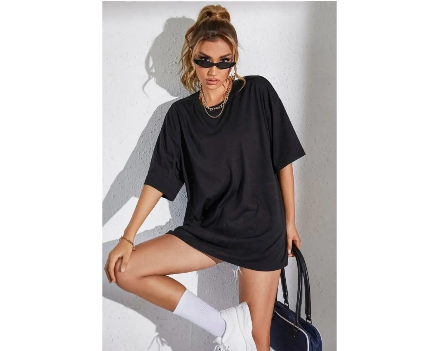 Kadın Oversize Salaş Dökümlü Tok Kısa Kollu Tişört Reşme